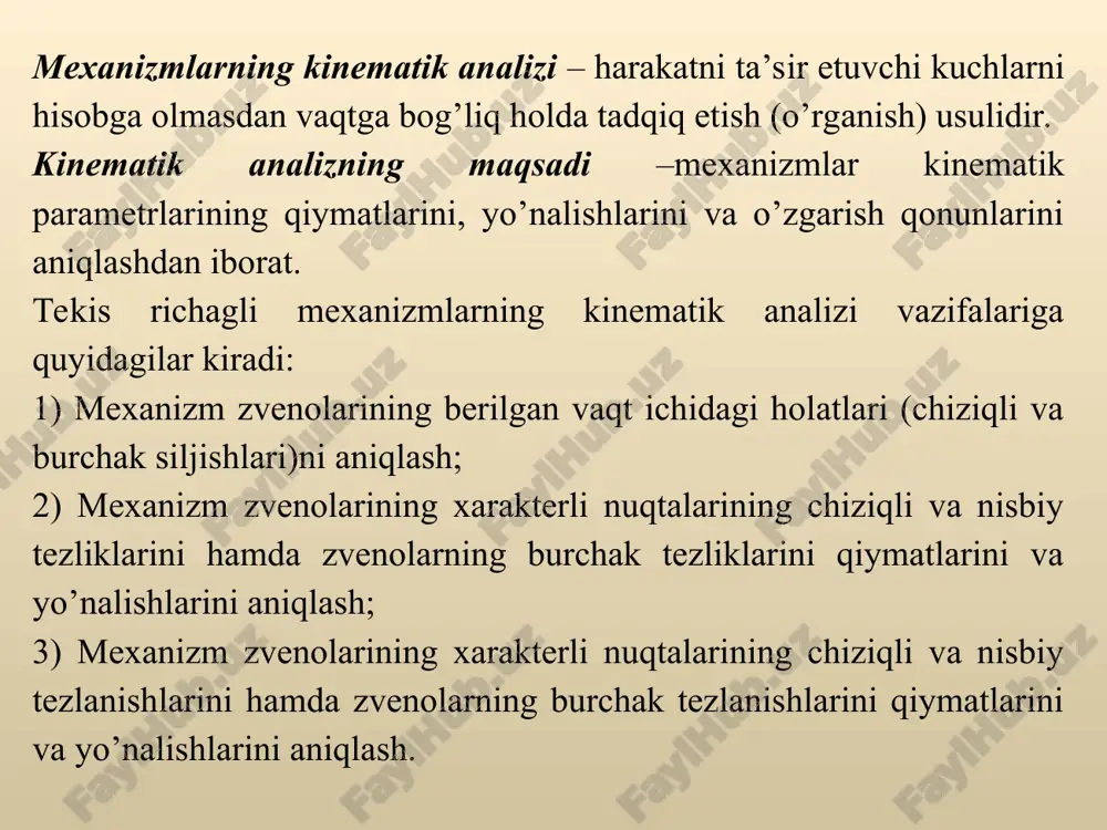 ar, mm. siljish diagrammasini qurish uchun tanlangan masshtab koeffitsienti bo’yicha o’qlari siljish s (m/mm) va vaqt t (min/mm) dan iborat bo’lgan koordinatalar sistemasini tanlaymiz (a) : yetaklanuvchi zvenoning bitta chetki holatini boshlang’ich holat deb tanlaymiz (b). sxemadan b0b1 kesmani o’lchab, krivoshipning birinchi xolatiga nisbatan yetaklanuvchi zvenoning siljishini topamiz. aniqlangan nuqtalarni biralshtirish egri chiziqli siljish diagrammasini hosil qilamiz, (a), bu vaqtga bog’liq funktsiyadir topilgan uzunlikni diagrammaga qo’yib krivoship holatiga mos ravishda siljish diagrammasining birinchi nuqtasini aniqlaymiz (a). shu tartibda amallarni bajarib, krivoshipning qolgan holatiga mos bo’lgan siljish diagrammasining nuqtalarini aniqlaymiz. kinematik analizning ikkinchi masalasini yechish uchun, siljish diagrammasini differentsiyallash usulidan foydalanib (a), tezlik analogi diagrammasini quramiz. yangi koordinatalar sistemasining vaqt masshtabini (b) siljish diagrammasining masshtab koeffitsientiga tenglashtirib olamiz (a). vaqt belgilangan o’q chiziqning davomidan h1 kesmani chizamiz. buning natijasida differensiyallashning qutbi hisoblangan p1 nuqtani aniqlaymiz (b). tezlik analogi o’qining masshtab koeffitsienti, m/s·mm siljish diagrammasining egri chizig’ida yotgan nuqtalarga urinma o’tkazamiz (a). …