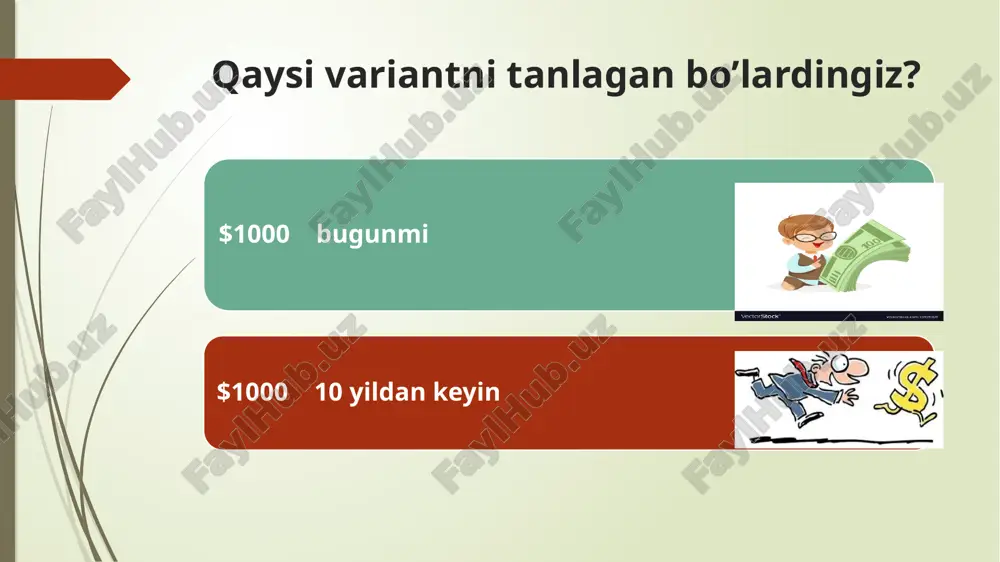 2 0 sana date pul oqimi cash flow $6,000 $ -10,000 $6,000 birinchi yil oxiri ikkinchi yil boshlanish bugun pul oqimlarini vaqt chizig’i joylashtirish biz davr sifatida nafaqat yillarda balki oylarda, choraklarda, (har qanday davr oralig’ida) joylashtirishimiz mumkin. mustahkamlash uchun masala: keyingi ikki yil davomida har bir yil uchun $ 10000 dan kontrakt to’lashingiz kerak. to’lov har semester uchun teng miqdorda to’lanishi kerak. to’lovlarni vaqt bo’yicha ifodalovchi vaqt chizig’ini chizing. savollarga javob bering: pul oqimining vaqt bo’yicha chizmasining asosiy elementlarini sanang. daromad va xarajatlar chizmada bir biridan qanday farq qiladi? asosiy qoida: 1-qoida. qiymatlarni solishtish va birlashtirish (qo’shib ayirish) bugungi pulning kelajakdagi puldan farqi bor. shuning uchun turli vaqtdagi qiymatlarni solishtirish yoki birlashtirish uchun albatta qiymatlarni bir xil vaqtga keltirish kerak!!! 2- qoida. pul oqimini kelajakka o’tkazish agar bozorda kapital yiliga 10% dan oshsa bugungi $ 1000 ni bir yildan keyin necha pul bo’lishini topamiz: $ 1000*1,1=$ 1100 ($1000 bugun) …