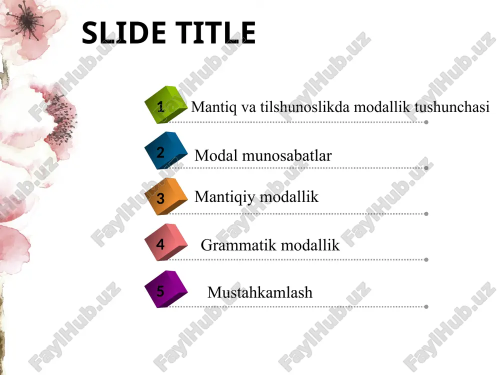 predmetlar va hodisalar o‘rtasida mavjud bo‘lgan va so‘zlovchi subyektning bahosiga bog‘liq bo‘lmagan zaruriy, mavjud va ehtimoliy aloqalar o‘z aksini topadi. m: u ko‘p o‘qiydi. grammatik modallikda so‘zlovchi subyektning voqelikka nisbatan munosabati tushuniladi. m: u, menimcha, ko‘p o‘qiydi. mantiqchilar modallikni “haqiqat” va “yolg‘on”, ya’ni real va irreal sifatida baholaydi. lingvistlar esa modallikni so‘zlovchining voqelikka bo‘lgan munosabati sifatida izohlaydi. obyektiv modallik gapni shakllantiruvchi zaruriy belgilardan biri, asosiy uzvi hisoblanadi. obyektiv modallik ustiga qo‘yilgan qo‘shimcha modallik subyektiv modallikdir. gapning asosiy uzvi obyektiv modallikdir takrorlash uchun topshiriqlar tog‘ri-noto‘g‘ri 3 2 1 4 predikativlik modallikka nisbatan keng tushuncha predikativlik nutq sathi birligi modallik til sathi birligi v.vinogradov modallikka predikativlikning bir komponenti sifatida qaraydi 7 6 5 8 modallik gap bo‘lmagan qurilmalar uchun ham xosdir modus bu modallik-dir diktum bu modallikdir n.shvedova-ning fikricha, modus qo‘shilganda-gina gapga aylanadi 11 10 9 12 c=m+p ushbu jumla formulasi fillmorga tegishli modallik-ning 2 turi ajratiladi obyektiv modallikda ishonch-ishonchsizlik, rozilik-norozilik, mazmuni …