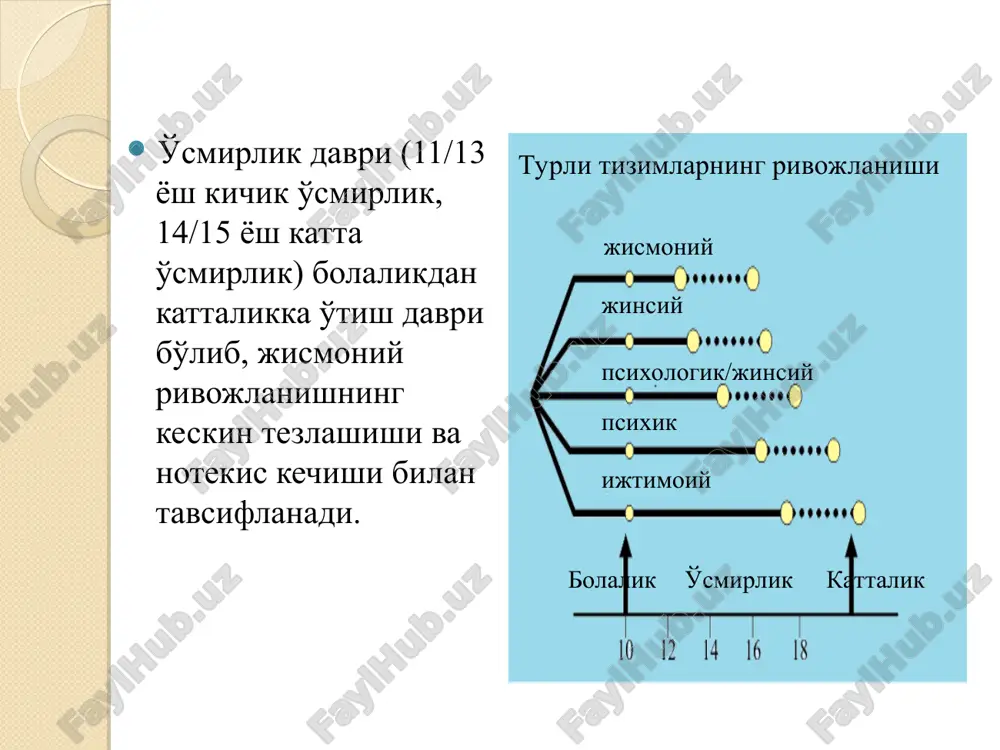 yuqori darajaga etadi. do'stlashish motivlari orasida emotsional yaqinlik va qiziqishlar o'xshashligi ustun bo'ladi. o'quv motivatsiyasida tengdoshlar orasida muayyan mavqeni egallash istagi ustunlik qiladi. o'smirlik davrida psixik rivojlanish xususiyatlari № o'smirlik davrida rivojlanishi kuchayadigan yoki susayadigan xususiyatlar kuchayadi susayadi 1 bolaning tengdoshlarning ta'sir darajasi 2 bola mexanik xotirasining rivojlanishi 3 boladagi o'quv faoliyatiga nisbatan qiziqish 4 bolaning kattalar bilan muloqot ehtiyoji 5 boladagi avtonomiyaga bo'lgan ehtiyoj 6 bola shaxsi rivojlanishida adaptatsiya jarayonining darajasi 7 bola so'z-mantiqiy tafakkurining rivojlanishi 8 bola uchun o'qituvchi mavqeining irradiatsiya darajasi 9 boladagi kattalik hissi 10 bolaning o'quv faoliyatida yaxshi baho olishga qiziqish darajasi o'smirlik davrida psixik rivojlanish xususiyatlari № o'smirlik davrida rivojlanishi kuchayadigan yoki susayadigan xususiyatlar kuchayadi susayadi 1 bolaning tengdoshlarning ta'sir darajasi ! 2 bola mexanik xotirasining rivojlanishi ! 3 boladagi o'quv faoliyatiga nisbatan qiziqish ! 4 bolaning kattalar bilan muloqot ehtiyoji ! 5 boladagi avtonomiyaga bo'lgan ehtiyoj ! 6 bola shaxsi rivojlanishida adaptatsiya jarayonining …