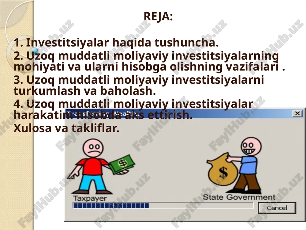 tliqog’ozlarga, sho’’ba, qaram bo’lgan jamiyatlarning hamda chet el sarmoyali korxonalarning nizom kapitali (jamg’armasi) ga uzoq muddatli qo’yilmalar (investitsiyalar) ni mavjudligi va harakati to’g’risidagi ma’lumot quyidagi hisobvaraqlaridan kelib chiqib umumlashtiriladi: 0610- “qimmatli qog’ozlar”; 0620- “sho’ba korxonalarga investitsiyalar” 0630- “qaram birlashmalarga investitsiyalar” 0640- “qo’shma korxonalarga investitsiyalar” 0690- “boshqa uzoq muddatli investitsiyalar”. investitsiyalar hisobini yuritishga aloqador bo’lgan rahbarlar, buxgalterlar va boshqa shaxslar buxgalteriya hisobini tashkil etish va yuritishda buxgalteriya hisobining quyidag asosiy printsiplariga rioya qilishlari kerak: - buxgalteriya hisobini ikkiyoqlamali yozuv usulida yuritish; - davomiylik (uzluksizlik); - xo’jalik muomalalari, aktiv va passivlarni pulda baholash; - ishonchlilik; - hisoblash; - oldindan ko’ra bilishlik (ehtiyotkorlik); - shaklidan mazmunining ustivorligi; - ko’rsatkichlarni taqqoslash; - hisobotni holisligi; - hisobot davri daromad va xarajatlarini mos kelishi; - aktiv va majburiyatlarni haqiqiy baholash. uzoq muddatli moliyaviy investitsiyalarni buxgalteriya hisobida hisobga olishni engillashtirish uchun quyidagi guruhlarga ajratiladi: • qimmatli qog’ozlar; • sho’’ba korxonalariga investitsiyalar; • qaram birlashmalarga investitsiyalar; • qo’shma …