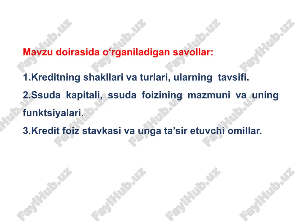 anmagan kreditlar. to‘lanadigan foiz darajasiga qarab: foizsiz kreditlar yuqori foizli past foiz stavkali o‘rtacha (normal) foiz stavkali 2.kreditning boshqa turlari va uning tavsifi. bank krediti tijorat krediti iste’mol krediti davlat krediti xalqaro kredit sudxo‘rlik krediti ssuda kapitali - foiz to‘lash sharti bilan vaqtincha foydalanishga beriladigan yalpi pul mablag‘lari. ssuda kapitali, ssuda foizining mazmuni va uning funktsiyalari. ssuda kapitalining o‘ziga xos xususiyatlari: 1. ssuda kapitali kapital sifatida – bu mulk uning egasi qarz oluvchiga kapitalini doimiy egalikka emas, balki vaqtincha foydalanish uchun beradi. bu holda kapitalga bo‘lgan egalik kapital harakatidan ajraladi. kapital korxonalarning ishlab chiqarish faoliya-tini tashkil qilishning boshidan oxirigacha qatnashib, uning hajmi ortib borsada, belgilangan ka­pital miqdori oxir-oqibatda o‘z egasi – kreditorga qaytib to‘lanishi lozim. 2. ssuda kapitalining o‘ziga xos xususiyati, uning tovar sifatida ekanligidir. kreditor tomonidan pul mablag‘lari qarzdor korxonaga «sotiladi». korxonalar bu kapital hisobidan ishlab chiqarish vositalari va ish kuchini sotib oladilar. ssuda kapitalining tovar sifatidagi iste’mol qiymati …