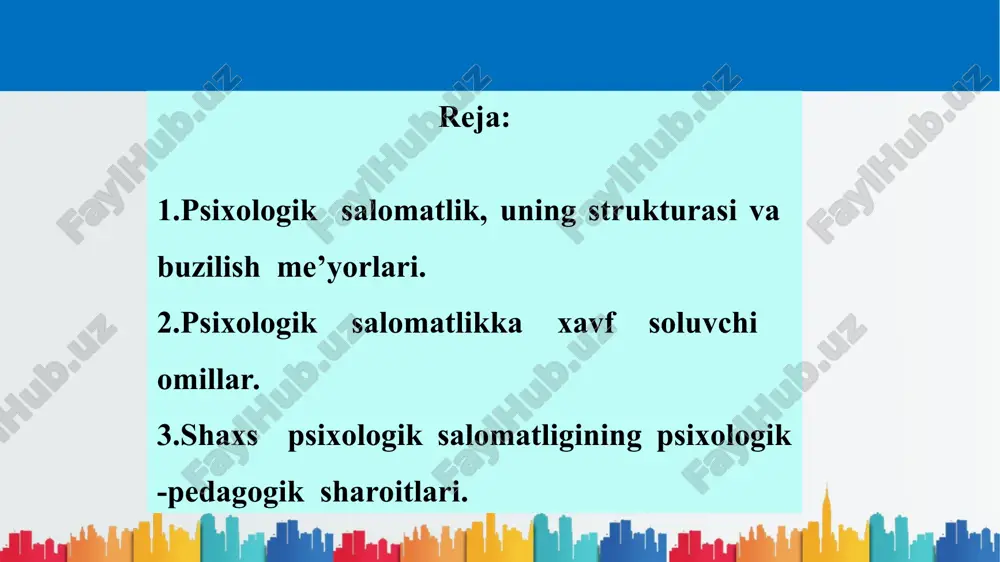bo`ladi. stress ko‘rinishiga qarab ikkiga bo‘linadi: konstruktiv -biz turidagi( ko‘pchilik orasida). destruktiv – men turidagi ( yakka shaxs o‘zi bilan) kechadigan jarayon. stressning turlari? fiziologik stress stressorlarning (stressga olib keluvchi omil) xarakteriga va xususiyatlariga qarab, fiziologik stress – bu o‘ta jismoniy zo‘riqish, biror og‘riq, qo‘rquv, kasalliklar natijasida vujudga keladi. psixologik stress psixologik stress – odamning ruhiy holatiga voqealarning ta`siri tufayli sodir bo`ldigan ta`siri tufayli sodir bo`ldigan stress. psixologik stress bu ruhiy iztirobga tushish. psixologik stress a)information stress b) emotsional stress turlariga ajratiladi. a)information stress insonda haddan tashqari axborotlarni ko‘p qabul qilish, inson oldiga qo‘ygan vazifalarni bajarishda bir qancha echimlar bo‘lsa-da, aniq ulardan qaysi birini tanlash, yuqori darajadani shiddat bilan qaror qabul qilishda ikkilanadi. emotsional stress ta’qiq qilish, falokat, hayotiy o‘zgarishlar, kundalik tashvishlarda ko‘rinadi. stressda 3 bosqich farqlanadi: 1 2 3 xavotirlik bosqichi moslashish bosqichi o‘ta charchash bosqichi stressni qanday bartaraf etish kerak? shukronalik –sizni stress holatidan qutqaradi! inson asabiylashganda aslo …