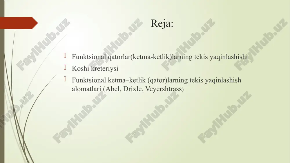 inlashuvchi. demak, x to’plamning har bir nuqtasida ketma-ketlik yaqinlashuvchi. binobarin , funksional ketma-ketlik limit funksiyaga ega . bu ketma-ketlikning limit funksiyasi f(x) deylik: (x) = f(x) ( x ) endi (2) tengsizlikda m da limitga o’tib quydagini topamiz : bundan esa funksional ketma-ketlikning f(x) limit funksiyaga tekis yaqinlashishi kelib chiqadi . veyershtrass, abel, drixle alomatlari veyershtrass alomati : f(x;y) funksiya to’plamda berilgan , y o’zgaruvchining e to’plamdan olingan har bir tayin qiymatida f(x;y) funksiya x o’zgaruvchining funksiyasi sifatida [a;+ ) da integrallanuvchi bo’lsin . agar shunday funksiya ( ) topilsaki, va uchun bo’lsa; xosmas integral yaqinlashuvchii bo’lsa, uholda f(y) = integral e to’plamda tekis yaqinlashuvchi bo’ladi . abel alomati : f(x;y) va g(x;y) funksiyalar m = to’plamda berilgan, y o’zgaruvchining f to’plamdan olingan har bir tayin qiymatida g(x;y) funksiya x ning funksiyasi sifatida [a;+) da monoton funksiya bo’lsin . agar : integral e to’plamda tekis yaqinlashuvchi va uchun c (c= …