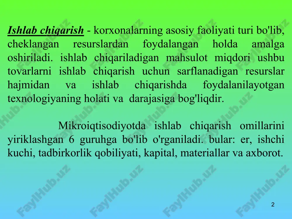 tadan o'ngroq va yuqoriroqda joylashgani uchun unga to'g'ri keladigan ishlab chiqarish hajmi q2 nikidan ko'proq. q2 izokvanta esa q1 ga nisbatan o'ngroq va yuqoriroqda joylashgani uchun unga to'g'ri keladigan ishlab chiqarish hajmi q1 nikidan ko'proq. demak, izokvantalar chapdan o'ngga va yuqoriga qarab joylashib borsa, ularga to'g'ri keladigan ishlab chiqarish hajmi ham mos holda oshib boradi. grafikdagi izokvantalar uchun q1<q2<q3 deb yozishimiz mumkin. * ma'lum vaqt oralig'ida jami ishlab chiqarilgan mahsulotni umumiy mahsulot desak, o'rtacha mahsulot -umumiy mahsulotni ushbu mahsulotni ishlab chiqarish uchun sarflangan o'zgaruvchan ishlab chiqarish omillari sarfiga nisbati bilan aniqlanadi. bu erda: q- umumiy mahsulot miqdori; ap - o'rtacha mahsulot; f -sarflangan resurslar. chekli mahsulot - bu o'zgaruvchan resurslar kombinatsiyasini kichik miqdorda qo'shimcha sarfi hisobidan umumiy mahsulotning o'sgan qismiga aytiladi. masalan, ishlab chiqarishda bitta omil, ya'ni faqat mehnat saflansa chekli mahsulot quyidagicha aniqlanadi: q qo'shimcha birlik mehnat sarfi (l) hisobiga ishlab chiqarilgan qo'shimcha mahsulot miqdori. * omillar mahsuldorligining kamayish …