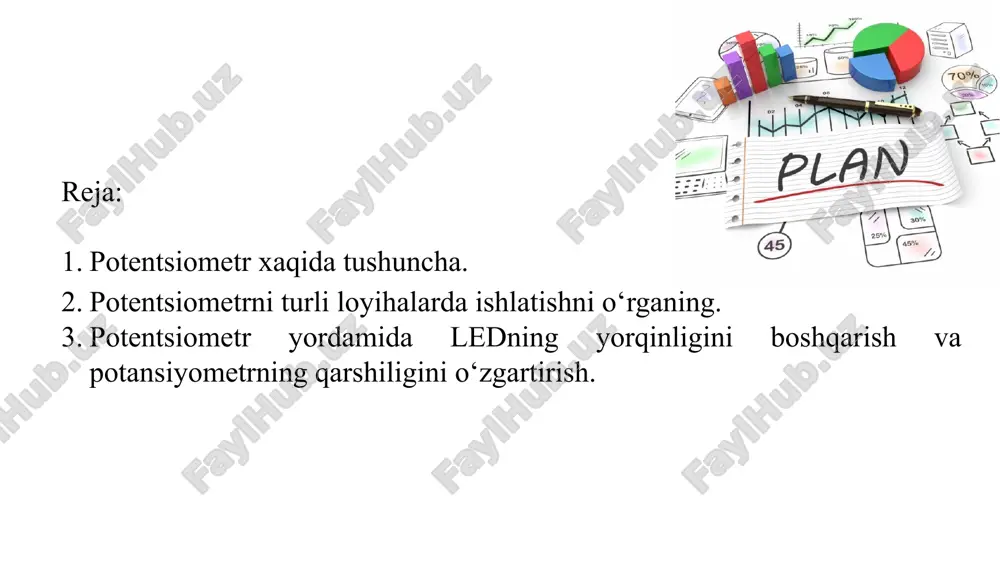hilik agar sizga qarshilikni o‘zgartirmoqchi bo‘lgan oddiy rezistor kerak bo‘lsa, sizga faqat ikkita pin kerak bo‘ladi: o‘rta va yon pinlardan biri. chapdagi rasmda ledni boshqarishning oddiy sxemasi ko‘rsatilgan. qo‘shimcha qarshilik, potansiyometr qarshiligini nolga o‘zgartirsangiz ham, ledni o‘chirishga yo‘l qo‘ymaslik uchun mo‘ljallangan. potansiyometr milini bir tomonga burang, qarshilik kuchayadi. uni boshqa tomonga burang, qarshilik kamayadi. analog pinlar va umuman adplar potentsiometrlar (aka o‘zgaruvchan qarshilik yoki reostat) bilan ishlashda tez -tez ishlatiladi. adpning 10 biti sizga dastur qiymatlarini 0 dan 1023 gacha (yoki ularning ko‘paytmalariga) o‘rnatish imkonini beradi, ya'ni dasturning borishiga ta'sir qilish, ba'zi sozlamalarni o‘zgartirish va h.k. potentsiometrning har doim uchta oyog‘i bor: ikkita ekstremal va bitta markaziy. birgalikda bu 0-vcc diapazonidagi kuchlanishni o‘zgartirishga imkon beradigan kuchlanish bo‘luvchi. potentsiometr arduino-ga shu tarzda ulanadi, o‘rta pin har qanday a-pinli, ekstremallari gnd va quvvatga ulanadi. qiymat o‘zgarishi yo‘nalishi gnd va quvvatni ulash tartibiga bog‘liq. qarshilik uchun, ushbu qo‘llanmada kuchlanish taqsimlagichlari haqidagi yozuvni o‘qing. …