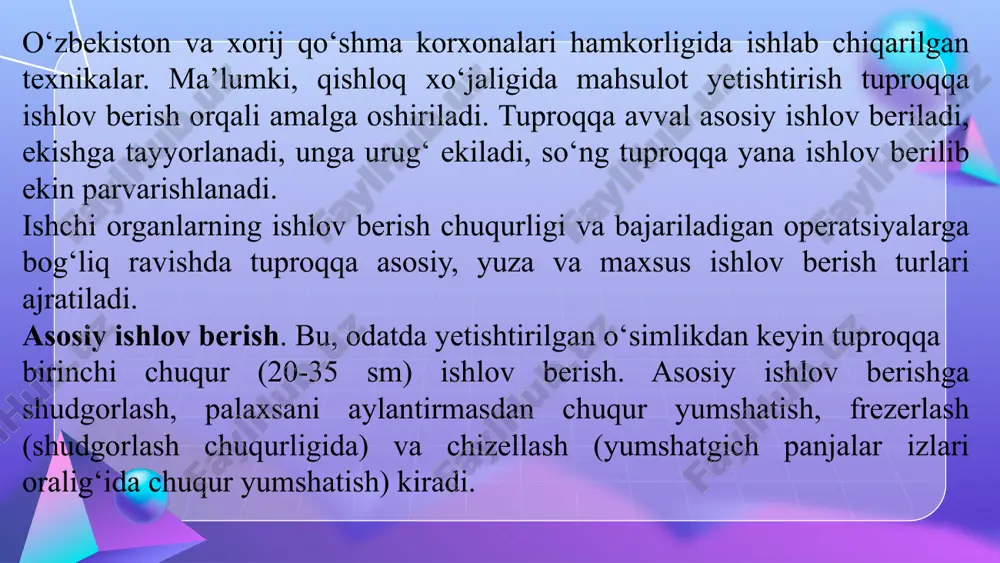 lgan, ya’ni barcha ekin urug‘lari qo‘l mehnati bilan bajarilgan. 1910 yilda o‘zbekistonda 135 mingta omoch bor bo‘lgan, 1100 ta metalldan yasalgan otga moslashtirilgan plug bo‘lgan. 137 ta metalldan yasalgan tirma va 12 dona seyalka bo‘lgan. bu ish qurollarini sudrash uchun ot, xo‘kiz, tuya foydalanilgan. ushbu qurollar bilan 423 ming gektar maydonga ishlov berish talab etilgan. yevropa mamlakatlarining tuproqqa ishlov berish qurollarining esa vazni og‘ir, solishtirma qarshiligi yuqori bo‘lgan tuprog‘imizga ishlov berishga yaramay qiyshayib yoki sinib ketardi. 1910 yildan boshlab turkiston jamiyati tuprog‘imizga mos ishlov berish qurollarini yetkazib berishi lozimligini ko‘rsatib murojaat etishdi va toshkentga yaqin bo‘lgan qoplonbek degan joyda mashina sinash stansiyasini tashkil etdi. yurtimizga 1914 yildan boshlab paxta va boshqa ekinlarni yetishtirish uchun tuproqqa ishlov berish qurollari keltirila boshlandi va bu ekinlar bo‘yicha agrotexnika talablari shakllana boshladi. bu paytda hali traktorlar yo‘q edi. 1924 yilda o‘rta osiyoda birinchi marta toshkentda mexanizatorni, aniqrog‘i traktorchilarni tayyorlash uchun o‘quv kurslari tashkil etildi.1931 …