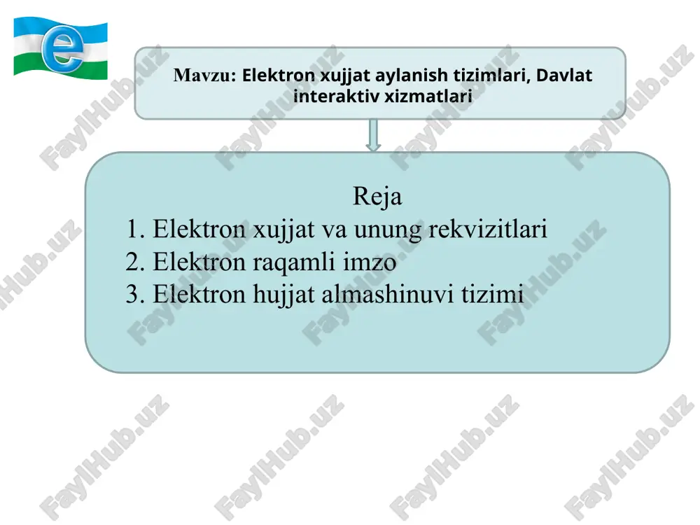 yopiq kalitining egasini identifikatsiya qilish imkoniyatini beradigan imzo elektron kalitlar va serfikatlar elektron raqamli imzoning yopiq kaliti - bu faqat hujjat muallifiga ma’lum bo‘lgan va elektron hujjatda elektron raqamli imzoni hosil qilish uchun mo‘ljallangan belgilar ketma-ketligi. elektron raqamli imzoning ochiq kaliti - bu elektron xujjatning kim tomonidan yuborilganligini aniqlash va uni haqiqiyligini tasdiqlashda qo‘llanilishi mo‘ljallangan belgilar ketma-ketligi. elektron sertifikatlar - bu sertifikatsiya tizimi qoidalariga binoan belgilangan talablarga ko‘ra elektron raqamli imzo vositalarining muvofiqligini tasdiqlash elektron raqamli imzo kalitini ruyxatga olish markazi tomonidan berilgan hujjat. elektron hujjat almashinuvi tizimi elektron hujjat almashish tizimlari – elektron hujjatlarni axborot-kommunikatsiya tizimi orqali jo‘natish va qabul qilish jarayonlari yig‘indisi. elektron hujjat aylanishidan bitimlar (shu jumladan shartnomalar) tuzish, hisob-kitoblarni, rasmiy va norasmiy yozishmalarni amalga oshirish hamda boshqa axborotlarni almashishda foydalanish mumkin. elektron hujjat almashinuvi tizimi elektron hujjat almashinuvi tizimi hujjatlarni ro’yxatdan o’tkazish hujjatning aylanish marshrutini aniqlash qaror qabul qilishda boshqarish tasdiqlash jarayonida hujjatlarni boshqarish hujjatlarni qidirish …