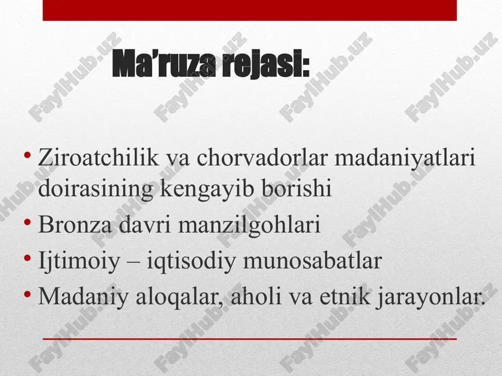 ingyillikda dehqonchilik va chorvachilik o‘rta osiyo aholisi xo‘jaligining asosiy sohalari bo‘lgan. bronzadan ishlangan qurollar iqtisodiy va ijtimoiy taraqqiyotni tezlashtirgani tufayli, o‘rta osiyo dashtlarida yashagan qabilalar asosan chorvachilik bilan mashg‘ul bo‘lgan. qadimgi sharqda shahar-davlatlar vujudga kelishi bilan hunarmandchilik dehqonchilikdan ajralib chiqqan. o‘rta osiyo janubiy hududlarida mil. avv. iii mingyillikning o‘rtalari – ii mingyillik boshlarida ixtisoslashgan hunarmandchilik sohalari rivoj topadi. bronza davri xo'jalik asosi: dehqonchilik va chorvachilik natijada: maxsulotni ortib qolishi tengsizlikni paydo bo'lishiga olib keldi kabila va urug' o'rtasida o'zaro almashuv ular o'rtasida iqtisodiy madaniy etnik munosabatlar kashfiyotlar suniy sug'orish; metallni qayta ishlash bilan bog'liq hunarmandchilik; zargarlik san'ati; qurilishda g'ishtdan foydalanish; keramika tayyorlashda kulolchilik dastgohi; ipakchilik va paxtachilikni paydo bo'lishi bronza davri ijtimoiy munosabatlar matriarxatdan patriarxatga o'tish boshlandi patriarxat – erkakning oila, jamiyatda mavkeini oshgan ibtidoiy jamoa davri chorvachilikni dehqonchlikdan ajrab chikishi, ilk mehnat taxsimoti erkak mavkeini oshishi natijada -jamoaviy niqoh bekor kilindi; - monogam oilalar paydo bo'ldi; - oilada erkak …