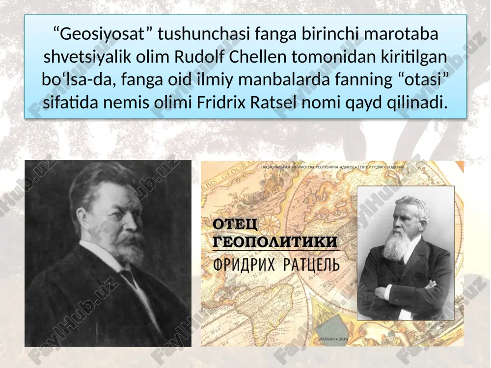 rining g‘oyalari umumiy holda dengizbo‘yi davlatlarining kontinental (quruqlik ichkari-sidagi) davlatlarga nisbatan jahon siyosiy sahnasida yetakchilikka erishish uchun amalga oshirilishi lozim bo‘lgan, harakatlar yo‘nalishini ko‘rsatib berishdan iborat bo‘lgan, deb hisoblash mumkin. geografik determinizm geosiyosatda mavjud bo‘lgan eng qadimiy yondashuv hisoblanadi. ushbu g‘oya tarafdorlari tabiiy muhit (iqlim, tuproq, daryo, dengiz va b.) jahon tarixi hamda insonlar hayot tarziga ta’sir ko‘rsatadi deb hisoblaydilar. bu fikrlar qadimiy dunyo olimlaridan gerodot, gippokrat, polibiy, aristotel kabilar tomonidan shakllantirilgan, keyinchalik uning rivojlanishida j. boden, sh. monteskye, a. fon gumboldt kabilarning xizmatlari katta bo‘lgan. aristotel gippokrat sh. monteskye a. fon gumboldt j. boden gerodot polibiy ular tomonidan ko‘rsatib berilgan tabiiy muhit unsurlari orasida aynan iqlim insonlar atvorining shakllanishi va davlatlarda mavjud siyosat xususiyatlarni yuzaga kelishida sababchi bo‘lgan asosiy omil sifatida qaralgan. geosiyosatda mavjud barcha qarashlar makon (hudud) ustidan nazorat g‘oyasini rivojlantirishga qaratilgan. mazkur fan aynan davlat yoki davlatlar ittifoqi tomonidan makon ustidan nazorat o‘rnatishning asosiy yo‘nalishlari va shakllarini …