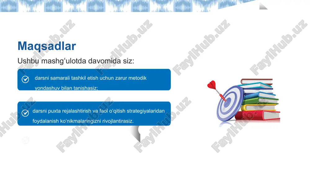 gan maqsad 45 daqiqa davomida bajariladigan (erishiladigan), aniq, hayotiy (real) va dars yakunida baholanadigan (o‘lchamli) bo‘lishi shart. biz qo‘yadigan maqsad dars maqsadi dars mavzusi ph ko‘rsatkich dars maqsadlari o‘quvchilar ph shkalasi orqali muhitning kislotali, neytral yoki ishqoriy ekanligini aniqlashni o‘rganadilar; universal indikator yordamida turli eritmalarning ph qiymatini aniqlab, ularni guruhlay oladilar; eritmalarni solishtiradilar, ph qiymatlaridan xulosa chiqaradilar; grafik va jadvallar asosida tahlil qila oladilar; o‘quvchilar xavfsizlik qoidalariga rioya qiladilar, guruhda hamkorlikda ishlaydilar. dars bosqichlarini belgilash faoliyatni rejalashtirish mos yondashuv va resurslarni tanlash baholash mezonlarini ishlab chiqish keyingi qadamlar yondashuvlarni o‘quvchilarning qiziqish va ehtiyojga qarab tanlash o‘quvchi turi mos o‘quv faoliyatlari nima uchun? faol va harakatchan rolli o‘yin, amaliy tajriba, harakatli o‘yinlar harakat orqali yaxshiroq o‘rganadi analitik fikrlovchi savol-javob, grafik tahlil, muammo asosida o‘rganish (pbl) mantiqiy asoslashni yaxshi ko‘radi tasavvur kuchli o‘quvchi vizual metodlar (video, chizma, model), mental xaritalar tasviriy ko‘rsatmalar orqali tushunadi ijtimoiy o‘quvchi juftlik/guruhli ish, debat, loyiha ishlari boshqalar …