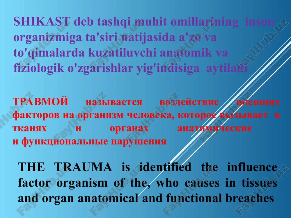 nie, b) selskoxozyaystvennie 2. production: a) industrial, b) agricultural shikastlarning tasnifi : klassifikatsiya travm: categorization of the traumas: 3. willful: a) combat traumas, b) ill-intentioned hold ups, c) attempts suicide 3. ataylab yetkazilgan shikastlar: a) xarbiy, b) qasddan qilingan shikastlar, s) o'z-o'ziga qilingan suiqasdlar 3. umishlennie: a) boevie travmi, b) zloumishlennie napadeniya, s) popitki samoubiystva 1. shikastlanishni keltirib chiqaruvchi faktorga ko'ra: mexanik, termik, kimyoviy, elektrik, nurlanish, ruxiy, operatsion, tug'riq va boshqalar 2. tashqi ko'rinishiga ko'ra: ochiq (teri va shillik qavatlarni butunligi buzilishi) va yopiq, yuzaki va teshib kiruvchi 1. po vidu faktora vizvavshego travmu: mexanicheskie, termicheskie, ximicheskie, elektricheskie, luchevie, psixicheskie, operatsionnie, rodovie i drugie 2. po vneshnim priznakam: otkritie (ziyaniya koji i slizistix obolochek) i zakritie, poverxnostnie i pronikayushie 1. on type of the factor caused trauma: mechanical, termal, chemical, electric, beam, psychic, operating, generic and others 2. on external sign: opening (skins and mucous the shells) and locked, surrface …