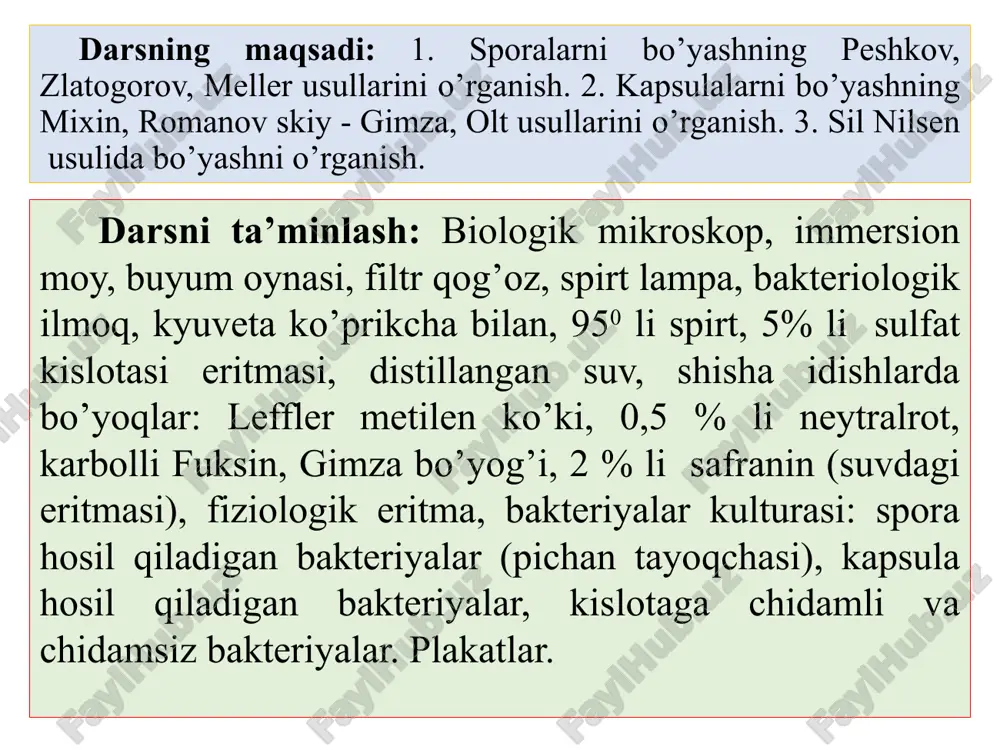 ida yana bo’yaladi.suv bilan yuvib, so’ng quritiladi. mikroskopda ko’rinishi; sporalar havo rang yoki ko’k rangda, bakteriya vegetativ shakllari pushti rangda. zlatogorov usuli. surtma tayyorlanib, havoda quritiladi. fiksasiyalashda sporalar qobig’ini bir oz yumshatish va ularni nobud qilish uchun spirt lampa yoki gaz gorelkasi alangasi ustida 10 marta u yoq –bu yoqqa o’tkaziladi. surtma ustiga filtr qog’oz qo’yib, karbol fuksini quyiladi, so’ngra bug’ hosil bo’lguncha 8-10 minut qizdiriladi (natijada bakteriyalarning sporasi ham, vegetativ shakllari ham bir xil qizil rangga bo’yaladi). keyin filtr qog’ozni olib tashlab, 6-10 sekund davomida sulfat kislotaning 5% li eritmasida rangsizlantiriladi (sporalar qizil rangda qoladi) va suv bilan yuviladi. endi metilen ko’kining eritmasi bilan 1 minut davomida qo’shimcha bo’yaladi (rangsizlangan vegetativ formalari bo’yaladi). so’ngra suv bilan yuvib filtr qog’ozda quritiladi va mikroskopda ko’riladi. bunda immersion ob’yektivdan foydalaniladi. vegetativ hujayralar ko’k, sporalar qizil rangga bo’yaladi. meller usuli. tayyor fiksasiyalangan surtmaga filtr qog’oz qo’yib, ustidan karbolli fuksin quyilib, bug’ hosil bo’lguncha …