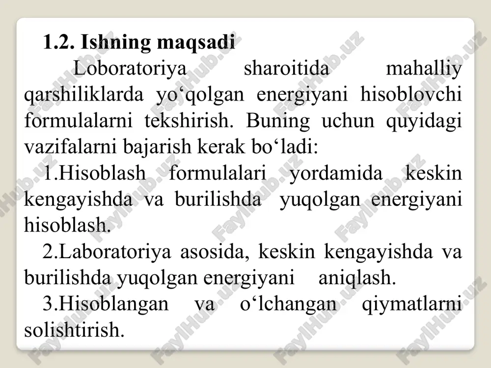 sanoq olinadi. hajmiy usulda sarf aniqlanadi. burilishda yo‘qolgan energiya hisoblanadi: (5) (6) hisoblash formulasi yordamida burilishda yo‘qolgan energiya va burilishdagi mahalliy qarshilik koeffitsienti aniqlanadi. hisoblangan va aniqlangan qiymatlar solishtirilib, farqi quyidagi formula yordamida hisoblanadi: (7) bu yerda: - laboratoriyadan olingan qiymat; (8) № 1 2 3 4 5 6 7 8 9 10 hajm w, sm3 5400 5200 6000 6100 6300 6400 5500 5600 5700 5300 vaqt t, sek 50 55 65 60 70 50 55 65 60 70 № 11 12 13 14 15 16 17 18 19 20 hajm, w, sm3 5900 6500 7000 7100 7400 6900 6950 5540 7460 7560 vaqt t, sek 50 55 65 60 70 50 55 65 60 70 laboratoriya mashg’lotlarini bajarish uchun variantlar. (har bir talaba jurnal tartib raqami bo’yicha) tajriba asosida pe’zometrlar d,mm qarshilik turi o’lchangan qiymatlar hisoblangan qiymatlar xulosa umumiy tajriba asosida formula asosida p/γ, sm t, sek w, sm3 …