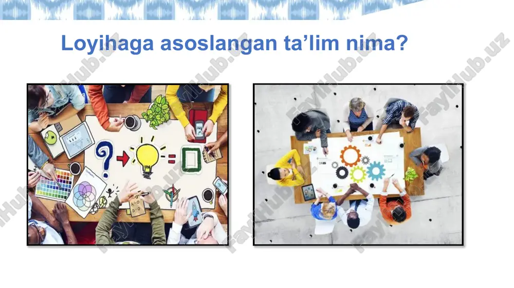 daryo bo‘yidagi manzara loyiha ishini guruhlarda tashkil etish loyiha: “mahalliy arxitektura motivlari asosida plakat yaratish” maqsad: o‘quvchilar o‘z hududining madaniy merosini o‘rganadi va vizual plakat yaratadi. bosqichlar: tadqiqot → eskiz → raqamli/qo‘l bilan ishlash → taqdimot. loyihalar mavzusi loyiha: “atrof-muhitni asrashga bag‘ishlangan kompozitsiya” maqsad: ekologik ongni shakllantirish. materiallar: qayta ishlangan materiallardan foydalanish. natija: ekologik mavzudagi vizual kompozitsiya va og‘zaki/hujjatli taqdimot. loyihalar mavzusi loyiha: “interyer kompozitsiyasini yaratish” maqsad: o‘quvchilarda dizaynerlik qobiliyatini shakllantirish. materiallar:turli ifoda meteriallardan foydalanish. natija: mavzuning vizual kompozitsiyasini va og‘zaki/hujjatli yoki maketi taqdimoti loyihalar mavzusi amaliy mashg‘ulot loyiha mavzusini tanlash forum uchun tayyorlab kelingan tarqatmalar asosida amaliy mashg‘ulot o‘quvchilarda mas’uliyat hissini oshiradi. amaliy ko‘nikmalarni rivojlantiradi. o‘ziga ishonchni kuchaytiradi. ko‘p yo‘nalishda o‘ylash va kreativ fikrlashga yordam beradi. loyiha ishining afzalliklari o’qituvchi fasilitator o‘rganishni umumiy nazorat qiladi. o‘rganilayotgan tushunchalarni chuqur tushunishlarini ta'minlash uchun tartibga solishda ko‘maklashadi. zarur vaqtda fikr-mulohazalar va baholashlar orqali javob beradi tayyor mahsulotni baholaydi va tahlil qiladi 1 …