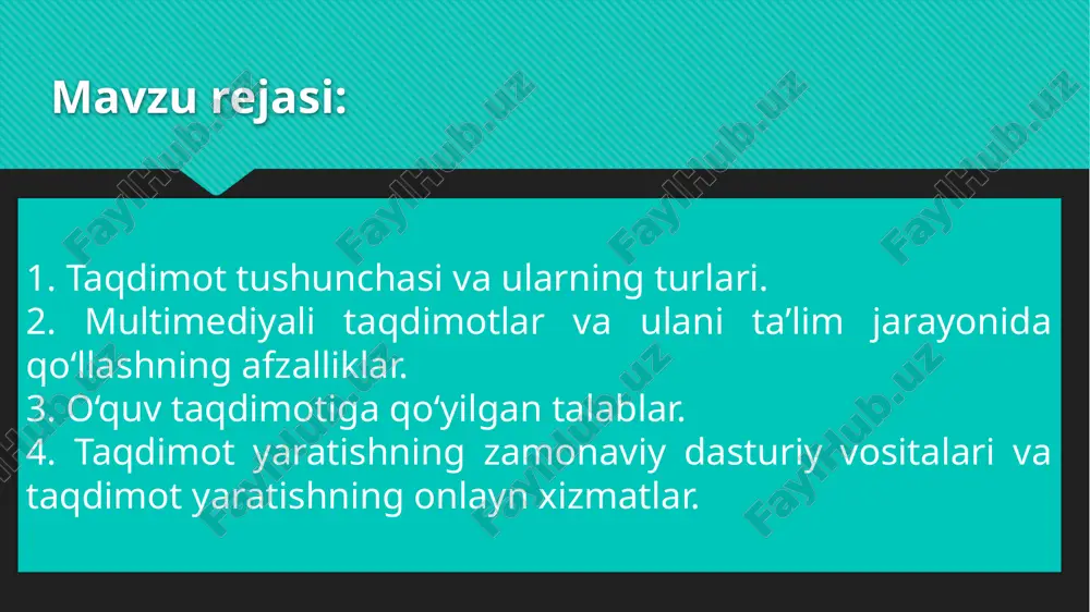 idagilar tegishli: -bitta axborot tashuvchisida katta hajmli turli ma‘lumotlarni saqlash imkoniyati; -ekranda tasvirni yoki uning ayrim fragmentlarini kattalashtirish imkoniyati. (rejim ―lupa‖); -tasvirlarni taqqoslash va turli dasturiy vositalar yordamida ularni qayta ishlash; -film va videotasmalardagi videofragmentlardan va ―stop-kadr‖ effektlaridan foydalanish; -ma‘lumotlar omborini disk mundarijasiga kiritish, obrazlarning qayta ishlash usullari va animatsiya imkoniyatlari; -internet tarmog’iga ulanish imkoniyati; -turli matn, grafika va tovush muharrirlari va kartografik ma‘lumotlar bilan ishlash imkoniyatlari; -avtomatik ravishda dasturiy mahsulotning umumiy mundarijasini ko’rib chiqish (―slayd-shou) yoki animatsiya va tovush bilan ta‘minlangan ―yo’l boshlovchi, ya‘ni ―”gid”‖ni yaratish. hozirgi vaqtda multimedia texnologiyalari inson faoliyatining biznes, ta‘lim, tibbiyot va boshqa shu singari turli sohalarida qo’llanilishini ko’rish mumkin. ushbu faoliyat yo’nalishlarida multimedia mahsulotlarini yaratish uchun keng ko’lamdagi dasturiy mahsulotlar mavjud. power point prezentasion (taqdimot) grafikli dastur qatoriga kiradi. bu dastur o’zida matnlar, rasmlar, sxemalar, grafiklar, animasiya effektlari, ovoz, videokliplardan iborat bo’lgan slaydlar hosil qilish imkonini beradi. slaydlar ketma-ketligidan hosil bo’lgan prezentasiyani komp’yuter ekranida, …
