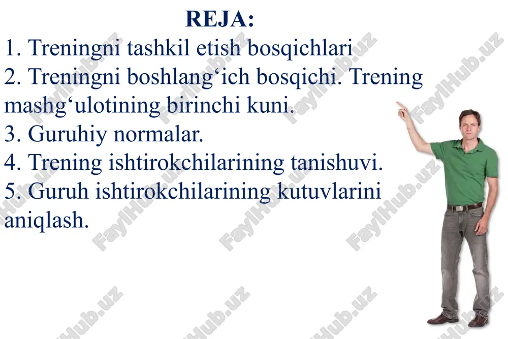 chi bosqich – guruhiy me’yorlarni, ya’ni trening qonun-qoidalarini ishlab chiqish bosqichidir. bunda ishtirokchilar bilan bu me’yorlarga albatta rioya qilish kerakligi to‘g‘risida kelishish va har bir a’zoning roziligini olish kerak. bu qoidalarga rioya etish treningning maqsadiga erishish va qulay psixologik iqlimning yaratilishida katta ahamiyatga ega hisoblanadi. 5 har qanday trening mashg‘ulotini birinchi kuni – trening samarasini ta’minlash uchun xizmat qiluvchi asosiy jarayon hisoblanadi va treningni birinchi kunidagi asosiy qismlar haqida tushuncha, ko‘rsatmalar beriladi. mavjud bo‘lgan guruhiy normalarni ishlab chiqishning maqsadi va ahamiyati ham belgilab olinadi. shuningdek, ishtirokchilar va trenerning o‘zaro tanishuvi yuzasidan tanishuv jarayonida qo‘llaniladigan usullar ham belgilanib olinadi. 6 psixologik treninglarni o‘tkazishdan oldin trener puxta tayyorgarlik ko‘rishi lozim. boshlovchi oldindan trening olib boriladigan guruh haqida ma’lumotga ega bo‘lishi lozim. boshlovchiga qo‘yiladigan asosiy shartlardan va talablardan biri shuki, u muloqot jarayonining barcha qirralarini professional darajada mukammal egallagan bo‘lishi kerak. u ham bo‘lsa – nazariy bilimlarni bevosita amaliyotda, trening jarayonida qo‘llay olishidir. …