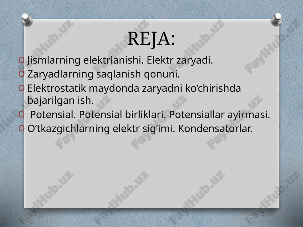 dlar esa tortishadi jismlarning elektrlanishi. jismlarning elektrlanishi qahrabo shoyi bilan ishqalanganda uning yengil predmetlarni o`ziga tortish xususiyatiga ega bo`lib qolishini odamlar eramizdan avval ham bilishgan. bunday holat mushukka plastmassa sharchani ishqalaganda ham kuzatiladi. zaryadlari erkin harakatda bo`lgan jism o`tkazgich (metall) deb ataladi. agar elektronning hammasi bog`langan bo`lib, erkin harakat qilaolmasa, bunday jismlar dielektrik (izolyator) deb ataladi. agar jism kichik elektr o`tkazuvchanlikka ega bo`lsa, u yarimo`tkazgich deb ataladi. izolyatsiya qilingan jismda zaryadlarning algerbaik yig`indisi o`zgarmasdir. bu-elektr zaryadining saqlanish qonunidir. zaryadning o`lchov birligi kulon. bu birlik tok kuchi bilan bog`liq: q=it 1 kulon =1 amper·1 sekund. o’tkazgichlar turlari zaryad turlari faqat ikki tur elektrlanish bo’lar ekan: musbat (masalan, mo’ynaga ishqalangan shishaning elektrlanishi) va manfiy (masalan, shishaga ishqalangan mo’ynaning elektrlanishi). shuningdek, turli ishorali elektrlangan jismlarning o’zaro tortishishi va bir xil ishorali elektrlangan jismlarning o’zaro itarishishi ham aniqlandi. ikkita nuqtaviy zaryad vakuumda zaryadlarning q1 va q2 kattaliklariga proporsional, ular orasidagi masofa kvadrati r ga …