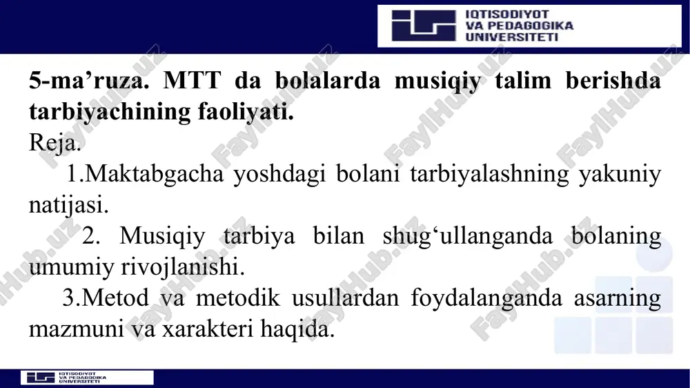 stetik faoliyat davomida musiqiy-estetik ong shakllangan bo‘lsa, bu bolaning keyingi rivojida, uning umumiy ma‘naviy kamolotida aks etmasdan qolmaydi. shuningdek, mtmda bola hislari, qiziqish va didini rivojlantirish bilan bilan bir qatorda uni musiqa madaniyatiga oshno qilish, estetik idrok, musiqiy va poetik eshitishni, tabiat, musiqiy va tasviriy san‘at asarlari go‘zalliklarini idrok qilish qobiliyatini rivojlantiradi, tasavvurni, hissiy reaksiyalarni faollashtiradi. oilalar turli darajadagi ijtimoiy madaniyatga ega. ayrim oilalarda musiqaga hurmat bilan munosabatda bo‘lib, bolalarga musiqiy ma‘lumot berish, ularning qobiliyatini rivojlantirishga harakat qilinadi, boshqa oilalarda esa musiqiy tarbiyaga nisbatan e‘tibor kam. bu albatta ijtimoiy tabiiiy hol. maktabgacha yoshdagi bolalarning musiqiy qobiliyatlari kompleks va to‘laqonli rivojlanishi uchun ota-onalarning yordami juda zarur. oila – bolaning shaxsiy sifatlari poydevori qo‘yiladigan birinchi ijtimoiy institut, aynan oilada bola boshqalar bilan umumiy, haqiqiy ijtimoiy hayot kechirish: quvonch va alamni baham ko‘rish, yaqinlari bilan birdamlikni his qilishga o‘rganadi. mtmga qatnaydigan bolalarda musiqiy tarbiyani rivojlantirish va mustahkamlash uchun quyidagilarga e‘tibor qaratish maqsadga muvofiq: …