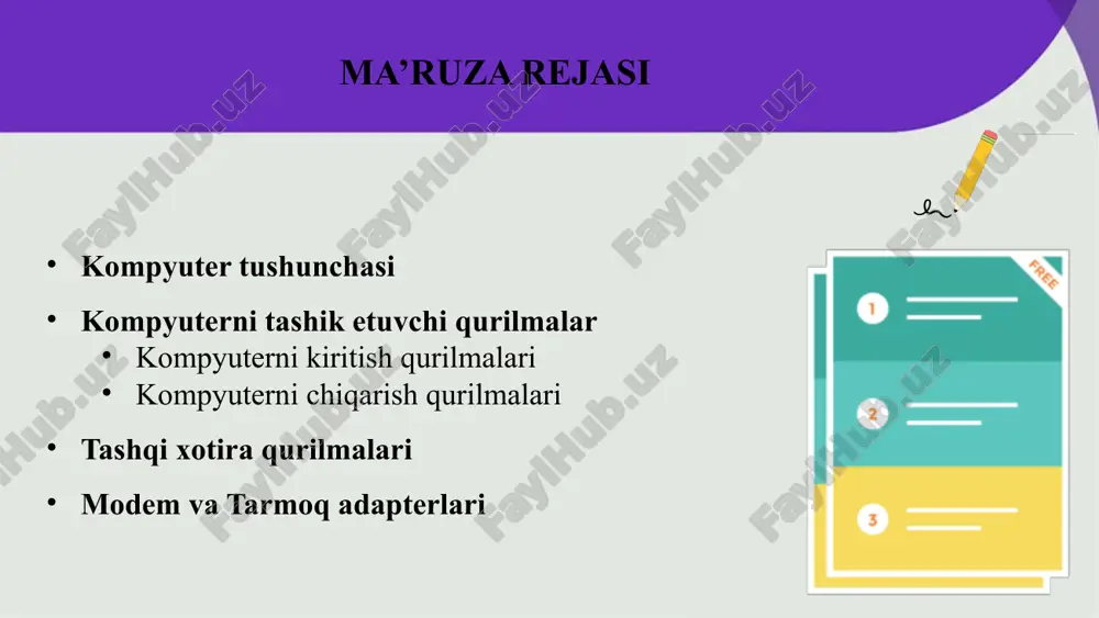 rni foydalanuvchi tushunadigan shaklga aylantiradigan chiqish moslamasi tomonidan teskari amalga oshiriladi. kiritish qurilmalari yozuv mashinkasi uslubidagi klaviaturalar; sichqoncha, trekbol, joystik, trekpad va bosimga sezgir prokladkali maxsus qalam kabi portativ qurilmalar; mikrofonlar, veb-kameralar va raqamli kameralar kiritish qurilmalariga misoldir. ular, shuningdek, harorat va bosim kabi atrofdagi ma'lumotlarni kompyuterga yuboradigan sensorlarga ega. 1. klaviatura klaviatura kompyuter tizimiga ma'lumotlar kiritadigan qurilma. u so'zlarni, raqamlarni va belgilarni yozishga qodir. 2. sichqoncha sichqoncha ko'rsatuvchi qurilma. sichqoncha kompyuterga kirishni ta'minlash uchun ishlatilishi mumkin. bundan tashqari, u eng muhim apparat tashqi qurilmalaridan biridir. 3. joystik joystik kompyuter o‘yinlarida foydalaniladi va ma’lumotlarni kompyuterga yuboradi. 4. skaner skaner - bu fotosuratlar va sahifalardan nusxa ko'chiradigan va ularni kompyuterda saqlanishi mumkin bo'lgan tasvirlarga aylantiradigan qurilma. 5. veb-kamera jonli fotosuratlar va videolarni olish uchun veb-kameradan foydalaniladi. siz ularni shaxsiy kompyuteringizda saqlashingiz mumkin. output devices (chiqarish qurilmalari) chiqarish qurilmasi - bu foydalanuvchilarga ma'lumotlarni ko'rsatadigan kompyuter tizimining apparat qismidir. monitor, printer, ovoz chiqargichlar, …