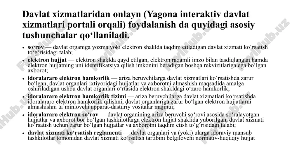 shli harakatlarni amalga oshirishda ifodalangan, ariza beruvchilarning huquqlari, erkinliklari va qonuniy manfaatlari amalga oshirilishi, shu jumladan ariza beruvchilarga tegishli axborot va hujjatlar taqdim etilishi; davlat xizmatlari, shakllari va blankalari yagona reyestri — davlat organlari tomonidan ko‘rsatiladigan davlat xizmatlarining to‘liq ro‘yxati, shu jumladan elektron shakldagi ro‘yxati, shakllar va blankalar hamda boshqa axborot bor bo‘lgan ochiq va hamma erkin foydalanishi mumkin bo‘lgan axborot resursi. davlat xizmati — ariza beruvchilarning so‘rovlariga ko‘ra amalga oshiriladigan, davlat organlarining vazifalarini bajarish bo‘yicha ular tomonidan ko‘rsatiladigan xizmat. agar qonunchilikka muvofiq davlat xizmatlari ko‘rsatish funksiyalari boshqa tashkilotlar zimmasiga yuklatilgan bo‘lsa, ular ham davlat xizmatini ko‘rsatishlari mumkin; davlat xizmatlaridan onlayn foydalanishning huquqiy asoslari. o‘zbekiston respublikasining konstitutsiyasi; o‘zbekiston respublikasining qonunlari; o‘zbekiston respublikasi oliy majlisi palatalarining qarorlari; o‘zbekiston respublikasi prezidentining farmonlari va qarorlari; o‘zbekiston respublikasi vazirlar mahkamasining qarorlari; vazirliklar va idoralarning buyruqlari hamda qarorlari; mahalliy davlat hokimiyati organlarining qarorlari. huquqiy asoslar o‘zbekiston respublikasining konstitutsiyasida davlat xizmatlarini ko‘rsatish bilan bog‘liq qanday normalar …