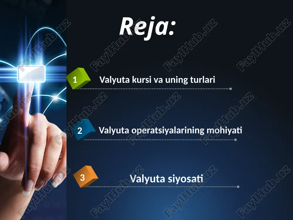 i malakali mutaxassislari bank mijozlariga operatsiyalarni amalga oshirishning istalgan bosqichida bepul maslahat berishadi. tashqi savdo shartnomalari kredit shartnomalari savdoni moliyalashtirish operatsiyalari, shuningdek savdo bo'lmagan valyuta operatsiyalari "kapitalbank"atbda amalga oshiriladigan asosiy valyuta operatsiyalari: bo'sh pul mablag'larini muddatli va omonat depozitlariga joylashtirish savdoni moliyalashtirish operatsiyalari, akkreditivlar, kafolat operatsiyalari faktoring tashqi savdo operatsiyalari bo'yicha o'zaro hisob-kitoblar uchun banklararo xalqaro o'tkazmalar naqd xorijiy valyutadagi operatsiyalar, konversiya operatsiyalari, shu jumladan milliy valyutani chet el valyutasiga aylantirish, bitta chet el valyutasini boshqasiga o'tkazish, spot operatsiyalari. xalqaro hisob-kitoblar uchun zaxira vositasi hisoblangan valyutalar aqsh dollari funt sterling evro yaponiya yenasi shveytsariya franki milliy valuta kursini amaldagi zamonaviy talablar va qonunchilik me’yorlariga mos ravishda o‘rnatish tartibi valuta kotirovkasi (currency quotation) deyiladi. jahon amaliyotida 2 xil turli valuta kotirovkalaridan foydalaniladi xorijiy valuta birligining ma’lum miqdordagi milliy valutaga tenglashtirilishi to‘g‘ri kotirovka deyiladi. masalan, 0‘zbekistonda 1 aqsh dollari (usd) 11285 so‘m (uzs) etib belgilanishi (usd/ uzs), yoki aqshda 1 yevro (eur) …