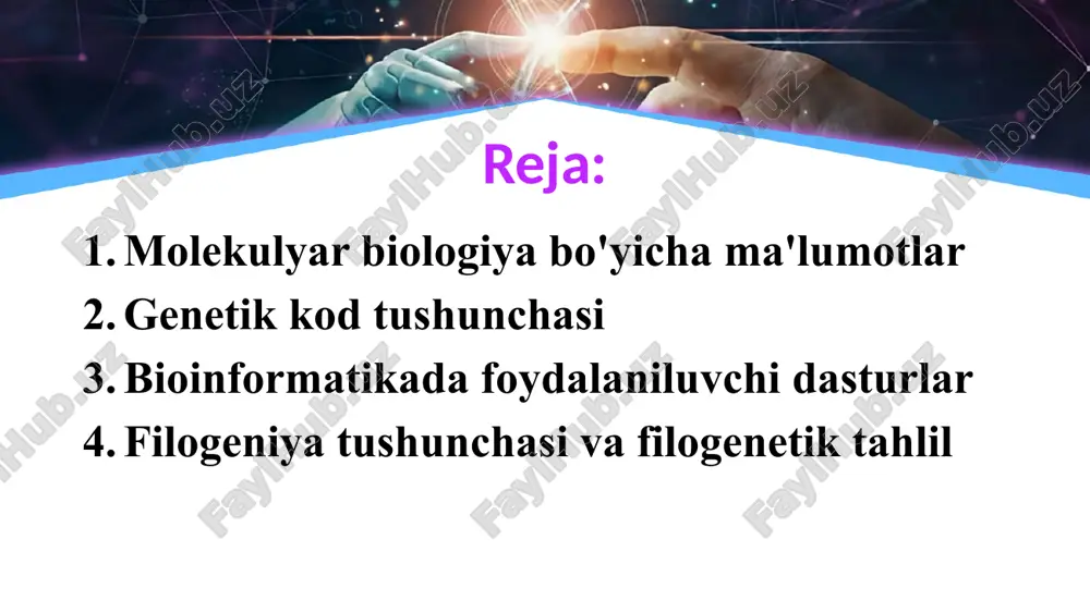w.free-power-point-templates.com dezoksiribonuklein kislota (dnk) — nuklein kislotalarining bir turi hisoblanadi. tarkibida dezoksiriboza, azot asoslaridan adenin (a), guanin (g), sitozin (cytosine) (c) va timin (t) hamda fosfat kislota boʻladi. barcha tirik organizmlar hujayrasida uchraydi va ularda irsiy belgilarni saqlash hamda nasldan-naslga oʻtkazish vazifasini bajaradi. dnk ning nukleotidli tarkibi, yaʼni uning birlamchi strukturasi har bir organizm uchun oʻziga xos va qatʼiy individual boʻlib, biologik informatsiyaning kod shaklda yozilishidir. this presentation uses a free template provided by fppt.com www.free-power-point-templates.com van der vaals modeli dnk tuzilish diagrammasi dnkdagi kimyoviy bog'lanish diagrammasi this presentation uses a free template provided by fppt.com www.free-power-point-templates.com this presentation uses a free template provided by fppt.com www.free-power-point-templates.com genetik kod irsiy axborotni nuklein kislotalar molekulasida nukleotidlar ketma-ketligi tartibida yozishning tirik organizmlarga xos boʻlgan yagona sistemasi blast (ing. basic local alignment search tool – asosiy lokal tekislanishni izlash vositasi) bu kompyuter dasturlaridan biri bo’lib, u oqsil yoki nuklein kislotalar gomologlarini mavjud bazadan …