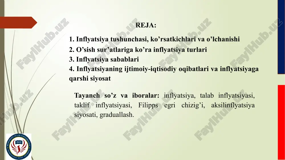 exanizmining kasali, makroiqtisodiy buzilishlar natijasidir. narxlarning o’sishi, pul birligi xarid qobiliyatining pasayishidan tashqari inflyatsiya namoyon bo’lishining quyidagi uch belgisi ham bor. bular: valyuta kurslarining o’zgarishi; kredit berish shartlarining qimmatlashuv va muddatlarining qisqarishi tomon o’zgarishi; kundalik ehtiyoj mollaridan iborat iste’mol savati narxining o’sishi. inflyatsiya narx indekslari - deflyator va iste’mol narxlar indeksi yordamida aniqlanadi. narxlar o’rtacha (umumiy) darajasining nisbiy o’zgarishi inflyatsiya darajasi (narxlarning o’sish sur’ati) deb ataladi. makroiqtisodiy modellarda inflatsiya darajasi quyidagicha ifodalanishi mumkin: bunda: π– yillik inflatsiya sur’ati; p - joriy yilning narxlar indeksi; - o‘tgan yilning narxlar indeksi. inflatsiyani miqdoran o‘lchash uchun makroiqtisodiyotda «70-miqdor qoidasi» deb atalgan usuldan ham foydalaniladi. bu usul narxlarning barqaror o‘sishi sharoitida inflatsiya darajasi necha yilda ikki baravarga oshishini aniqlash imkonini beradi. buning uchun 70 ni yillik inflatsiya darajasiga bo‘lish kifoya: 70 baholar ikki martaga oshishi = ---------------------- uchun zarur yillar soni π misol uchun, yillik inflatsiya darajasi 7 foiz ga teng bo‘lsa, taxminan 10 …