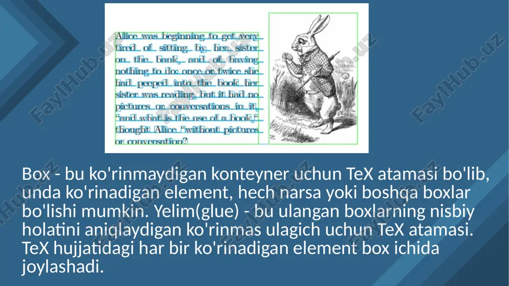 a muhitlardan foydalana olmaysiz, minipageda bir nechta paragraflar va deyarli hamma narsa bo'lishi mumkin. paragraflarni o'z ichiga olmagan bloklarga joylashtirish uchun siz minipage, \parbox va \pbox -dan foydalanishingiz mumkin. masalan: pos parametri bo'yicha maxsus eslatmalar contentpos yo'q bo'lsa yoki pos ga teng bo'lsa va istalgan vaqtda pos= center bo'lganda pos alignment parametri \parbox chegaralariga ishora qilmaydi! ushbu holatlarning har qandayida tekislash parametri paragraf maydonini tekislash uchun \parbox ichidagi matnning qaysi qatoridan foydalanishni tanlaydi. \parbox shunday joylashtirilganki, tanlangan matn satrining asosiy chizig'i \parbox yopishtirilgan boxning asosiy chizig'iga to'g'ri keladi. shunday qilib, agar pos tepaga o'rnatilgan bo'lsa, \parbox-dagi matnning yuqori satrining asosiy chizig'i \parbox tashqarisidagi asosiy chiziqqa to'g'ri keladi. matnning faqat bitta satriga ega boʻlgan parboxning alohida holatida, oʻsha bitta va yagona satr bir vaqtning oʻzida matnning yuqori, pastki va oʻrta qatorlari boʻladi va qoʻshimcha matn qoʻshilmasa, posni oʻzgartirish hech qanday yordam bermaydi. agar contentpos mavjud boʻlsa va pos bilan bir xil …