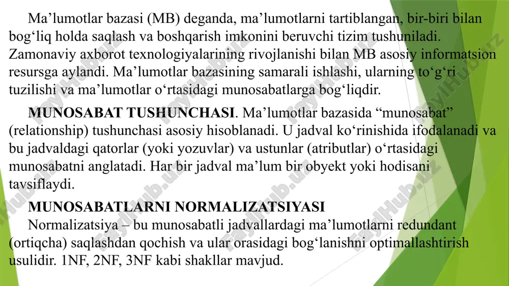 unosabatlarni yaratish sql (structured query language) yordamida jadvallarni yaratish, ularga ma’lumot qo‘shish va ular o‘rtasida bog‘lanish o‘rnatish mumkin. masalan: create table talabalar ( id int primary key, ism varchar(50), guruh_id int, foreign key (guruh_id) references guruhlar(id) ); amaliy misollar universitet axborot tizimida “talabalar”, “fanlar”, “baholar” jadvallari o‘zaro bog‘langan bo‘lishi mumkin. masalan, “baholar” jadvali talabalar va fanlar jadvaliga tashqi kalitlar orqali ulanadi. ma’lumotlar bazasida munosabat tushunchasi mbni samarali loyihalashda markaziy rol o‘ynaydi. to‘g‘ri tashkil etilgan munosabatlar ma’lumotlarning yaxlitligini, izchilligini va tezkor ishlov berilishini ta’minlaydi. ma‘lumotlarning relyatsion modeli birinchi bor 1970 yilda ye.f.kodd tomonidan taklif qilingan bo‘lib, u ma‘lumotlarni tavsiflash va tasvirlashning amaliy dasturlaridan bog‘liq bo‘lmasligini ta‘minlash masalasini hal qilishga xizmat qiladi. ma‘lumotlarning relyatsion modeli asosida «munosabat» tushunchasi yotib, u inglizcha relation so‘zidan olingan. ba‘zi bir qoidalarga amal qilgan holda munosabatlarni ikki o‘lchovli jadval ko‘rinishda tasvirlash mumkin. chunki jadval har qanday odamga tushunarli va qulaydir. real dunyo ob‘ektlari haqidagi ma‘lumotlarini ehm xotirasida …