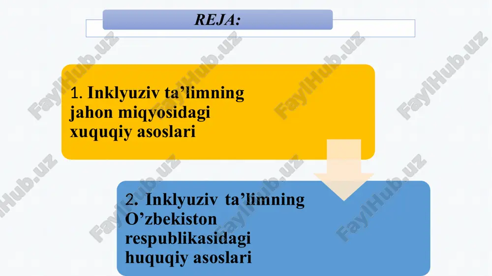 anlanadi; maktabda to'laligicha korrektsion pedagogik yordam tashkil etiladi; bolalar to'g'risidagi qaror kompleks tarzda qabul qilinadi; bolaning har bir shaxsiy huquqi kafolatlanadi; maktabda integratsiya tamoyiliga o'quv rejaning asosi sifatida qaraladi. -inklyuziv maktablarning moddiy ta'minoti yaxshilanadi”. “ta’lim hamma uchun ” umumjahon deklaratsiyasi (1990 y) salamanka bayonoti (1994 yil) ) dakar deklaratsiyasi (2000 yil) “nogironlarni ijtimoiy ximoya qilish to’g‘risida” gi qonun (1991 yil) o’zbekiston respublikasining konstitutsiyasi (1992 yil) “ta’lim to’g‘risida”gi qonun qonunchilik palatasi tomonidan 2020-yil 19-mayda qabul qilingan senat tomonidan 2020-yil 7-avgustda ma’qullangan “kadrlar tayyorlash milliy dasturi” (1997 yil) “bola huquqlarining kafolatlari to‘g‘risida”gi o’zbekiston respublikasi qonuni 2008 yil inklyuziv ta’limning huquqiy asoslari salamanka bayonoti (1994 yil) har bir bola ta'lim olish va o'ziga muvofiq darajada bilimga erishish huquqiga ega: ma'orif tizimi va ta'limiy dasturlar turli xil xususiyat va ehtiyojlarni hisobga olgan holda tuzilib, shu ishga yo'naltirilsin. maxsus yordamga muhtoj bolalar uchun oddiy maktablarga borish imkoniyati yaratilsin; maxsus yordamga muhtoj bolalar bilan ishlash oddiy …