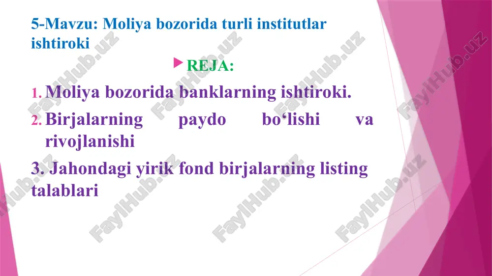 miqdori markaziy bank tomonidan belgilanadi. hozirgi kunda yangidan tashkil etilayotgan tijorat banklari ustav kapitalining eng kam miqdori 500,0 milliard soʻm qilib belgilandi. tijorat banklari tomonidan ustav kapitalini shakllantirishda oddiy va imtiyozli aksiyalar muomalaga chiqarilishi mumkin. oʻzbekiston respublikasi markaziy bankining oldindan roziligini olish tartibi oʻzbekiston respublikasi vazirlar mahkamasi tomonidan belgilanadi. investorlarning pul mablag‘larini jalb etish va ularni investitsiya aktivlariga qo‘yish maqsadida aksiyalar chiqarishni amalga oshiruvchi yuridik shaxs — aksiyadorlik jamiyati investitsiya fondidir. investitsiya fondi quyidagi turda bo‘lishi mumkin: o‘zi chiqargan aksiyalarni qaytarib sotib olish majburiyatiga ega bo‘lgan investitsiya fondi; o‘zi chiqargan aksiyalarni qaytarib sotib olish majburiyatiga ega bo‘lmagan investitsiya fondi. dastlabki birjalar 15—16-asrlarda italiya, gollandiya, angliyada paydo boʻlib, 19-asrning 2-yarmida juda rivojlandi. rasmiy ma'lumotlarga ko'ra, dunyodagi birinchi aksiyadorlik jamiyati va birinchi fond birjasi 1602-yilda niderlandiyada paydo bo'lgan. gollandiyaning ost-indiya kompaniyasi birinchi boʻlib aksiyalarni sotish va investorlar uchun foydani bashorat qilish orqali pul jalb qilishni boshladi. london fond birjasi rasman faqat 1801-yilda, …