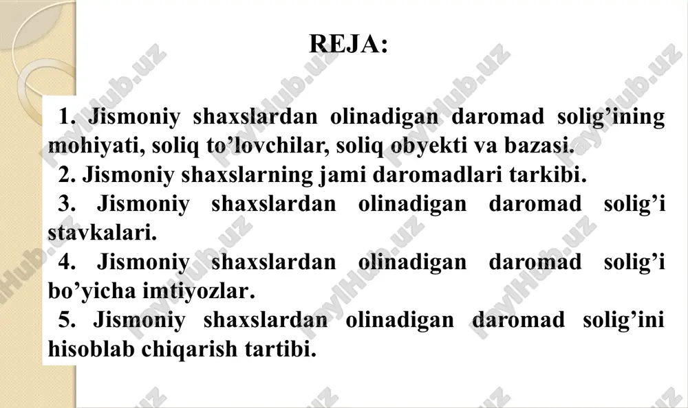 madlari, haqiqatda daromadlar olingan sanadagi o’zbekiston respublikasi markaziy bankining kursi bo’yicha milliy valyutaga qayta hisob-kitob qilinadi. turli soliq stavkalari bo’yicha solinadigan soliq bazasi alohida aniqlanadi. soliq bazasi soliq davri boshidan e’tiboran o’sib boruvchi yakun bilan aniqlanadi. agar soliq to’lovchining daromadidan uning o’z farmoyishiga, sudning yoki boshqa organlar va tashkilotlarning qaroriga ko’ra ushlab qolishlar amalga oshirilsa, bunday ushlab qolishlar soliq bazasini kamaytirmaydi. 6 7 quyidagilar jami daromad tarkibiga kiritilmaydi: 1) o’zbekiston respublikasining davlat mukofotlariga va davlat pul mukofotlariga sazovor bo’lgan soliq to’lovchi olgan bir yo’la beriladigan davlat pul mukofoti yoki shunga teng bahodagi esdalik sovg’alarining qiymati, shuningdek o’zbekiston respublikasi prezidentining yoki o’zbekiston respublikasi vazirlar mahkamasining qarori asosida bir yo’la beriladigan pul mukofoti va sovg’alar. 2) donorlik uchun pul mukofotlari, shuningdek tibbiyot muassasalarining xodimlari tomonidan qon olganlik uchun olinadigan summalar. 3) olingan alimentlar. 4) fuqarolar tomonidan olinadigan sug’urta tovoni summalari. 7 5) qonun hujjatlarida belgilangan miqdorlarda va tartibda to’lanadigan stipendiyalar. 6) qonun …