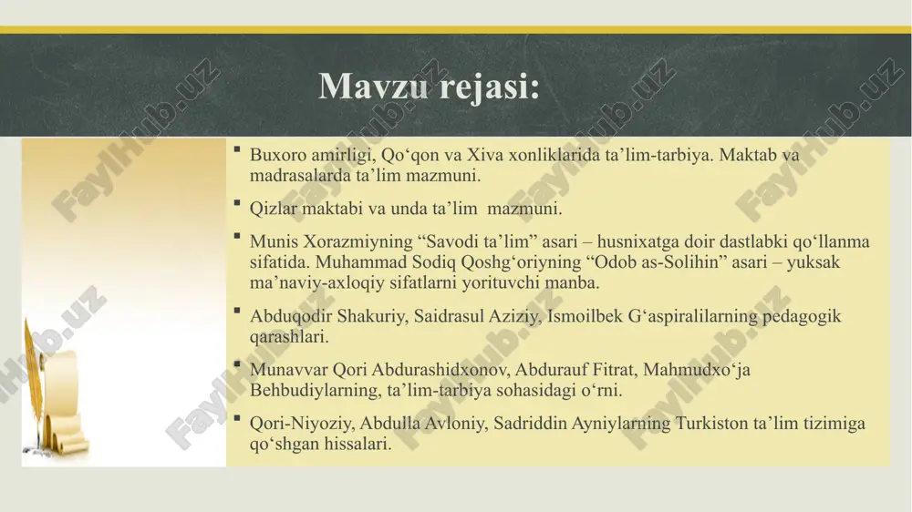 va puxta tashkil etilgani bois savod o‘rganish ko‘p vaqtni olar edi. chunonchi, faqatgina alifboni o‘rganishga 3-4 oydan bir yilgacha, bazida undan ham ko‘p vaqt sarflanar edi. o‘quvchilar dastlabki o‘qish ko‘nikmalarini egallaganlaridan so’ng «haftyak»ni (fors. “quronning ettidan bir qismi”) o‘qishni boshlaganlar. o‘quvchilar «haftyak»ni tugatganlaridan so‘ng «chor-kitob» (to‘rt kitob)ni o‘qishga kirishganlar 5 6 ikkinchi qismida yuqoridagi masalalar katexizis (izoh) shaklda ancha keng yoritlgan parchalar o‘rin olgan. “chor-kitob”ning “musulmonlikning muhim masalalari” deb nomlangan uchinchi qismi o‘quvchilarni shariatning asosiy ustuni -musulmon diniy huquqlari bilan tanishtirgan. kitobning “pandnoma” (nasihat kitobi) deb nomlangan va xviii asrda yozilgan to‘rtinchi qismida quroni karimdan olingan odob-axloq masalalariga oid qoidalar sheriy shaklda bayon etilgan. «chor-kitob» fors-tojik tilida yozilgan bo‘lib, uning birinchi qismida diniy marosimlar (tahorat olish, namoz o‘qish, ro‘za tutish va h.q.) sheriy usulda bayon etilgan, shundan so‘ng o‘quvchilar mutlaq din masalalariga bag‘ishlangan “sabotul ojizin” kitobini o‘qishni boshlaganlar. ushbu asar ko‘pincha uning muallifining nomi bilan, yani – “so‘fi olloyor” deb …