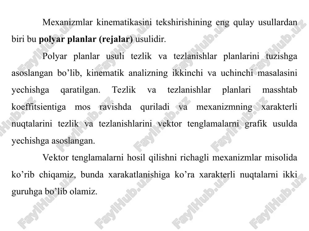nuqtaning tezlanish vektori bilan normal va tangentsial (urinma) tezlanish vektorlarining geometrik yig’indisiga teng. normal tezlanish vekori (markazga intilma) krivoship 1 ga parallel bo’lib, a nuqtadan o nuqtaga qarab yo’nalgan bo’ladi (a, b). tangentsial tezlanish vektorini krivoship 1 ga perpendikulyar bo’ladi (a, b). tangentsial tezlanish qiymati nolga teng bo’ladi, chunki krivoship 1 o’zgarmas burchak tezlik bilan harakatlanadi. * shatun 2 ga tegishli bo’lgan b nuqtaning tezlik vektori (a, b), a nuqtaning tezlik vektori bilan b nuqtaning a ga nisbatan aylanma harkatidagi tezlik vektorining geometrik yig’indisiga teng bo’ladi. bunda a nuqta shartli ravishda qo’zg’almas deb qaraladi va shatunga tegishli bo’ladi. b nuqtaning qo’zg’almas a nuqtaga nisbatan aylanma harakatining traektoriyasi aylanadan iborat bo’lib, aylananing radiusi shatun 2 ning uzunligiga teng (a, b). b nuqtaning nisbiy harakatdagi tezlik vektori shatun 2 ga perpendikulyar bo’ladi. * b nuqtaning tezlik vektori b1 nuqtaning tezlik vektori bilan bb1 yo’nalishdagi ilgarilanma harakatning geometrik yig’indisiga teng. * b nuqtaning …