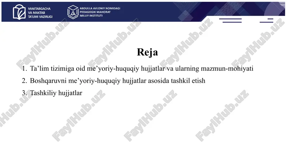 cha va maktab ta’limi vazirligi hamda uning tizimidagi tashkilotlar faoliyatini samarali tashkil etish chora-tadbirlari to‘g‘risida”gi farmoni (26.05.2023 yildagi pf-79-son) https://lex.uz/docs/-6476175 o‘zbekiston respublikasi prezidentining “maktabgacha va maktab ta’limi tashkilotlari xodimlarini uzluksiz kasbiy rivojlantirish tizimini takomillashtirish bo‘yicha qo‘shimcha chora-tadbirlar to‘g‘risida”gi qarori (21.06.2024 yildagi pq-231-son) https://lex.uz/uz/docs/-6981085 o‘zbekiston respublikasi vazirlar mahkamasining “umumiy o‘rta ta’lim to‘g‘risidagi nizomni tasdiqlash haqida”gi qarori (15.03.2017 yildagi 140-son) https://lex.uz/uz/docs/-3137130 o‘zbekiston respublikasi vazirlar mahkamasining “xalq ta’limi tizimida davlat xizmatlari ko‘rsatishni yanada takomillashtirish to‘g‘risida”gi qarori (01.06.2022 yildagi 295-son) https://lex.uz/uz/docs/-6044094 o‘zbekiston respublikasi vazirlar mahkamasining “umumiy o‘rta ta’lim to‘g‘risidagi elektron shahodatnomaning davlat namunasini tasdiqlash haqida”gi qarori (31.01.2023 yildagi 44-son) https://lex.uz/uz/docs/-6374834 tashkilotni ichki tartiblarini belgilovchi asosiy me’yoriy-huquqiy hujjatlar ustav (nizom) maktab ish rejasi tashkilot tuzilmasi (strukturasi) lavozim yo‘riqnomasi (334-son buyruq) ichki-tartib qoidalari buyruqlar bayonnomalar shtatlar jadvali jamoa shartnomasi ta’lim tizimiga oid normativ-huquqiy hujjatlar ta’lim tashkilotining ustavida, qoida tariqasida, quyidagilar ko‘rsatiladi: ta’lim turi va shakli; ta’lim tashkilotining maqsad va vazifalari; o‘quv-tarbiyaviy va ilmiy-metodik ishlarni tashkil etish …