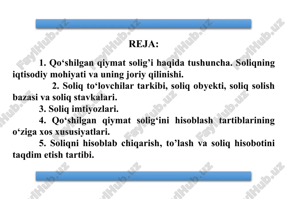 mohiyati va uning joriy qilinishi o‘zbekiston soliq tizimida qo‘shilgan qiymat solig‘i 1992 yildan buyon amal qilmoqda. ushbu soliq oborotdan olinadigan soliq va sotuvdan olinadigan soliq o‘rniga aksiz solig‘i bilan birgalikda kiritilgan. bu soliq oborot solig‘idan farqli ravishda faqat qo‘shilgan qiymatdan undiriladi. oborot solig‘i esa bir marotaba umumiy oborotdan olinar edi. o‘zbekiston respublikasi davlat byudjetining daromad manbayi sifatida qo‘shilgan qiymat solig‘i hozirga qadar o‘zining muhim o‘rnini va amaliy ahamiyatini saqlab kelmoqda. masalan, o‘zbekiston respublikasi prezidentining 2018 yil 26 dekabrdagi «o’zbekiston respublikasining 2019 yilgi asosiy makroiqtisodiy ko’rsatkichlari prognozi va davlat byudjeti parametrlari hamda 2020-2021 yillarga byudjet mo’ljallari to’g’risida»gi pq-4086-son qaroriga ko‘ra 2019 yilda qo‘shilgan qiymat solig‘ining davlat byudjeti daromadlari tarkibidagi salmog‘i 35.1 foizni, egri soliqlardagi ulushi esa 76.5 foizni tashkil etgan. 5 2024 yil uchun o‘zbekiston respublikasi davlat budjeti daromadlari prognozi* *o'zbekiston respublikasi prezidentining 2023 yil 29 dekabrdagi pq-422-son qaroriga 3-ilova. mlrd so'm t/r ko'rsatkichlar summa summa jami daromadlar 270 703,10 100,0 …