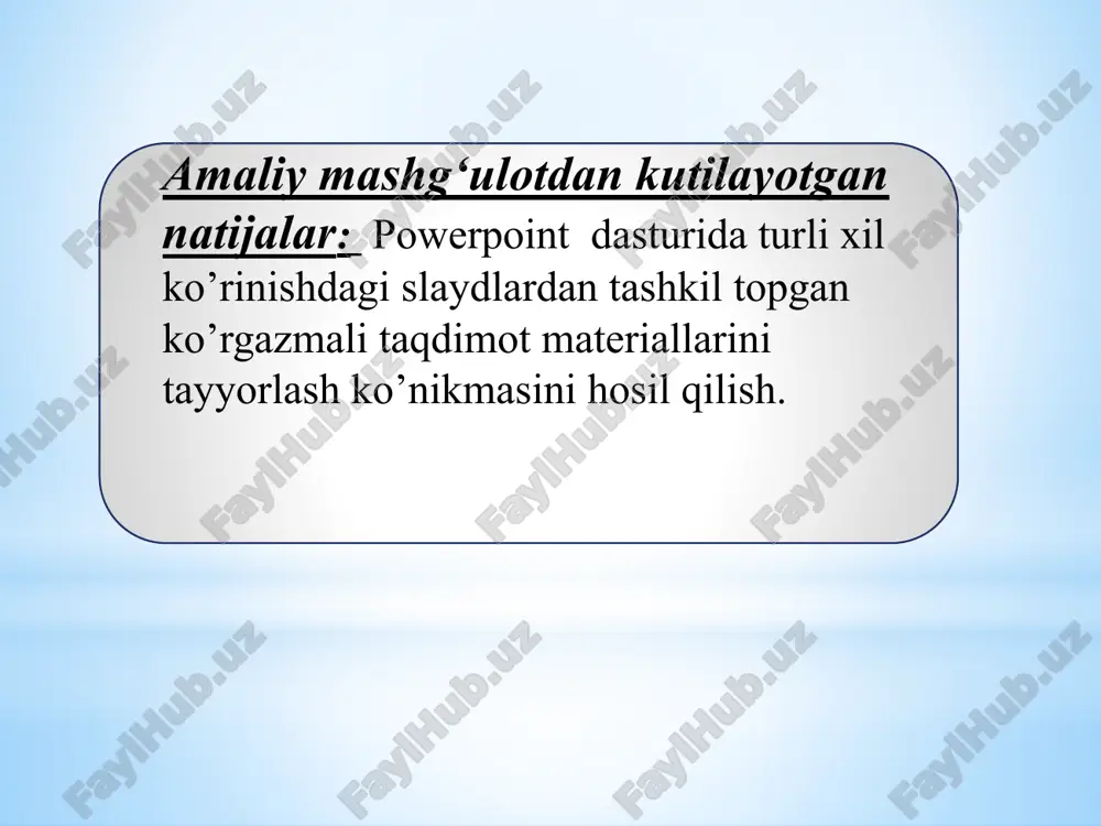 bu effektda ob’ekt o‘lchami kattalashishi yoki kichklashishi, rangi o‘zgarishi yoki ob’ekt o‘z markazi doirasida aylanishi mumkin. ko‘chish yo‘li. bu effektdan ob’ektni tepaga, pastga, chapga yoki o‘ngga ko‘chirishda, yoki doira va yulduz ko‘rinishidagi traektoriya bo‘yicha harakatlantirishda foydalanish mumkin istalgan effektni alohida yokm boshqa effektlar bilan birgalikda ishlatish mumkin. masalan, kirishdagi “uchish” effekti va ajralishdagi “o‘lcham o‘zgarishi” ni qo‘shib, matn satrini ekranga chap tomondan kirib kelishi bilan birgalikda o‘lchamining kattalishishiga ham erishishimiz mumkin. slaydning titul varag`ini tashkil qilamiz. buning uchun zagolovok slayda oynasiga «windows tizimi muhitida matnli axborotlarni yaratish va tahrirlash.word dasturi» jumlasini kiritamiz. sarlavha uchun shrift o’lchamini 40, uning rangini esa qizil rang deb belgilaymiz. sredstvo risovaniya – format menyusining stili wordart bo’limidan animatsiya buyrug`ini tanlab, kerakli otrajeniya o’rnatamiz. podzagolovok slayda oynasiga «taqdimot» jumlasini kiritamiz. qism (podzagolovok) sarlavha uchun shrift o’lchamini 44, uning rangini esa yashil rang deb belgilaymiz. kichiq sarlavha uchun osmon soyasini o’rnatamiz. dizayn menyusining temi bo`limidan keraklini tanlaymiz. …