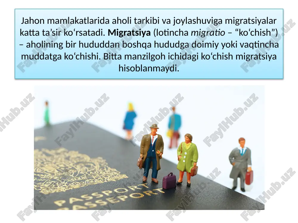 yashayotgan oila a’zolarining o‘zaro birlashuvi borasida amalga oshadi. etnik va diniy migratsiyalar deganda, ma’lum millat yoki din vakillarining boshqa davlat yoki hududga ko‘chishi tushuniladi. siyosiy migratsiyalar urush yoki siyosiy inqiloblar natijasida ro‘y beradi. ekologik migrantlar tabiiy muhitning buzilishi tufayli yashash hududini tark etadilar. bundan tashqari, aholi migratsiyalari ixtiyoriy va majburiy, tashkillashtirilgan va tashkillashtirilmagan kabi turlarga ham bo‘linadi. hozirgi vaqtda eng katta migratsiya to‘lqini rivojlana-yotgan mamlakatlardan rivojlangan mamlakatlarga tomon yo‘nalgan (8-rasm). bunda eng ko‘p xorijiy migrantlarni aqsh qabul qiladi. oxirgi yillarda bu davlatdagi immigrantlar soni 45 mln kishidan oshgani qayd etilgan. g‘arbiy yevropa davlatlari orasida esa eng ko‘p immigrantlar germaniya, buyuk britaniya va fransiyaga kelgan. bu davlatlarning har birida 7–10 mln immigrant yashamoqda. g‘arbiy yevropaga immigrantlarning asosiy qismi janubi-g‘arbiy va janubiy osiyo, shimoliy afrika hamda sharqiy yevropa davlatlaridan bormoqdalar. boshqa rivojlangan davlatlardan avstraliya, kanada, yangi zelandiya, isroil va jar ko‘plab xorijiy migrantlarni qabul qilmoqda. shunday ekan, barcha rivojlangan davlatlarda migratsiya saldosi …