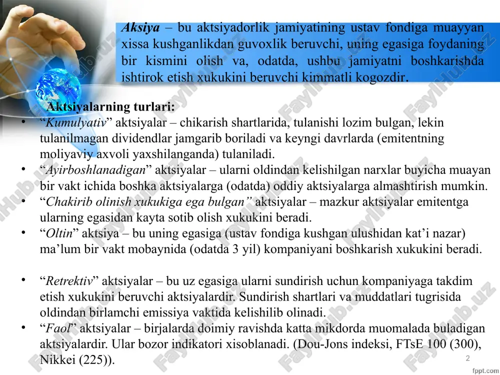 ladigan bozor . dividend _ - kompaniya o'z foydasining bir qismini aktsiyadorlarga taqsimlaydi . p/e nisbati - aktsiya narxi aktsiya boshiga tushgan daromadga bo'linadi. aktsiyalarni baholash 27 aktsiyalarning nominal va bozor qiymati aksiyadorlik jamiyatini tashkil etish baholangan aktsiya narxi oaj fond bozoriga kirishi bozorda aktsiyalarning aylanishi aktsiyalarning bozor qiymati kompaniya tahlili va aksiyalarni baholash investitsiyalar bo'lishi shart emas . nega? aksiyaning ichki qiymatini uning bozor qiymati bilan solishtiring katta kompaniyaning qimmatli qog'ozlari qimmatlashishi mumkin (bozor qiymati ichki qiymatdan yuqori) bu shuni anglatadiki, kompaniyaning ishlashi juda yaxshi bo'lsa-da, investitsiya qilish uchun yaxshi aksiya emas. aksiyalar va fond bozori kompaniyaning haqiqiy bozor qiymati va tugatish qiymati yoki balans qiymati o'rtasidagi farq " biznesning davom etayotgan qiymati " dir. "biznes qiymati" omillari qo'shimcha daromad nomoddiy aktivlar kelajakdagi investitsiyalar qiymati aktsiyalarni baholash aksiyalar va fond bozori kitob qiymati - buxgalteriya kitoblarida qayd etilgan sof qiymatning qiymati . tugatish qiymati - kompaniyaning aktivlari miqdori uning …