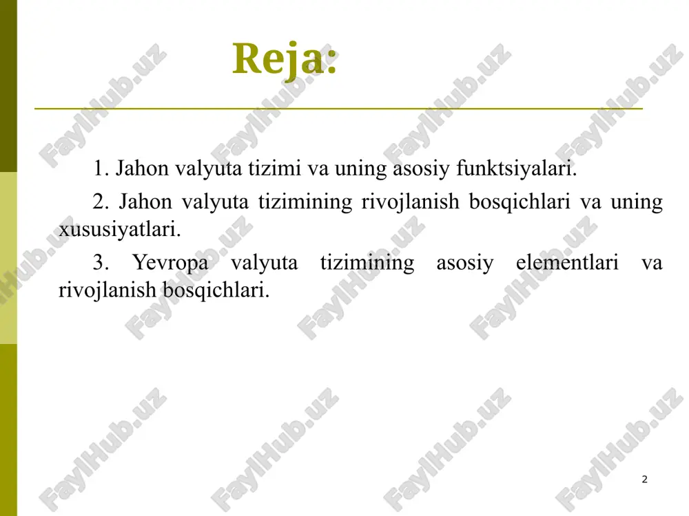 kolatlari orqali hisob-kitoblarning uzluksizligini ta’minlab borish. jahon valyuta tizimining asosiy maqsadlari bo’lib quyidagilar hisoblanadi: mamlakatlar o’rtasidagi xalqaro hisob-kitoblarning uzluksizligini ta’minlash; mamlakatlar milliy valyutasi barqarorligini ta’minlashni qo’llab-quvvatlash; jahon xo’jaligining turli iqtisodiy tizimlari o’rtasida samarali mehnat taqsimotini ta’minlash; jahon ishlab chiqarishi umumiy hajmining o’sishiga va aholi bandlik darajasining oshishiga erishish; milliy iqtisodiyotlarda barqaror iqtisodiy o’sishni ta’minlash; inflyatsiyani jilovlash va tashqi iqtisodiy muvozanatni ushlab turish va boshq. * * jahon valyuta tizimi rivojlanishiga sezilarli ta’sir koʻrsatgan omillar sifatida quyidagilarni qayd etish mumkin: mahsulot ishlab chiqarishning rivojlanish darajasi; xalqaro mehnat taqsimoti jadallashuvi darajasi; jahon bozori rivojlanish darajasi; xoʻjalik yuritishning tizimlari rivojlanish darajasi. * 2. jahon valyuta tizimining rivojlanish bosqichlari va uning xususiyatlari. jahon valyuta tizimining samarali hamda barqaror faoliyat koʻrsatishi uning jahon xoʻjaligi tuzilmasi va holatiga muvofiqlik darajasiga bevosita bog’liq boʻladi. xalqaro moliyaviy muhitda yuzaga kelgan bir qator oʻzgarishlar hamda mamlakatlar oʻrtasidagi iqtisodiy munosabatlar rivojlanishining ta’siri natijasida jahon valyuta tizimining amal qilish tamoyillari ham …