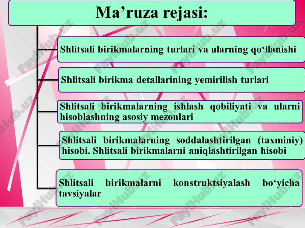 .125mm, z=10,16,20; yengil va o’rta seriya ko’proq qo’llaniladi, og’ir seriyadagi birikmalar yeyilish bo’yicha og’ir sharoitlarda ishlatiladi. evolventaviy profilli shlisali birikmalar to’g’ri yonlilarga nisbatan mustahkam va tayyorlanishi osonroq bo’ladi. ularning mustahkamligi tishlar sonining ko’pligi va tishlari asosining kengayishi hisobiga bo’ladi. kuchlanishining buralishdagi effektiv konsentrasiya koeffisienti 1,5 va ko’proq marotaba kam, egilishda esa deyarli teng. 1-rasm. to’g’ri yonli shlisali birikmalar 2-rasm. evolventaviy shlisali birikmalar: a - tashqi diametr bo’yicha markazlashtirish; b - shlisalarning yon yoklari bo’yicha markazlashtirilishi; 3-rasm. uchburchakli shlisali birikmalar evolventaviy profilning tishli g’ildiraklar profilidan farqi reyka profili burchagining 30° gacha ko’payishida (20° o’rniga) va tish balandligining kamayishidadir. evolventaviy profilli valni tayyorlashda to’g’ri yonlilarga nisbatan kamroq frezalar to’plami ishlatiladi, shuning uchun ular aniqroq tayyorlanadi. evolventaviy valini tayyorlashda tishli g’ildiraklar uchun qo’llaniladigan mukammalroq texnologik jarayonlardan foydalanish mumkin. lekin evolventaviy tortilmalar qimmat va shlisalarni jilvirlashda to’g’ri yonlilarga nisbatan ko’p mehnat sarf bo’ladi. evolventaviy birikmalarning o’lchamlari gost 6033-80ga binoan modullari m=0,5...10 mm, tashqi diametrlari …