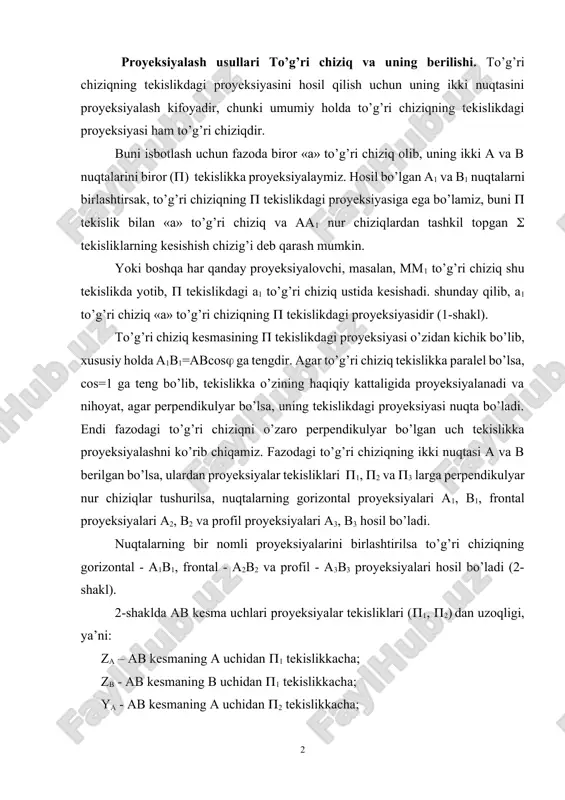 a to’g’ri chiziqning gorizontal - a1b1, frontal - a2b2 va profil - a3b3 proyeksiyalari hosil bo’ladi (2-shakl). 2-shaklda ab kesma uchlari proyeksiyalar tekisliklari (1, 2) dan uzoqligi, ya’ni: za – ab kesmaning a uchidan 1 tekislikkacha; zb - ab kesmaning b uchidan 1 tekislikkacha; ya - ab kesmaning a uchidan 2 tekislikkacha; yb - ab kesmaning b uchidan 2 tekislikkacha bo’lgan masofalari ko’rsatiladi. shuning uchun umumiy vaziyatdagi ab kesma (2-shakl) uchlarining koordinatalariga nisbatan quyidagi tenglikni yozish mumkin: zb-za0; ya-yb0; xa-xb0 agar, ab kesmada (2-shakl) yana c nuqta olib undan 1 ga perpendikulyar chiziq tushursak, c nuqtadan o’tuvchi nur chiziq aa1 va bb1 chiziqlarga parallel bo’lib, ab kesma orqali o’tadi, ya’ni ikkisi ham ber tekislikda yotadi. shuning uchun a1b1 va c1 nuqtalarning geometrik o’rni ab kesmani 1 tekislikka maxsus joylashgan a1abb1 tekislik bilan gorizontal proyeksiyalar tekisliklarini kesishgan chizig’ida bo’ladi. shuningdek, bu nuqtalarning frontal va profil proyeksiyalarining geometrik o’rni ham shunga o’xshash …