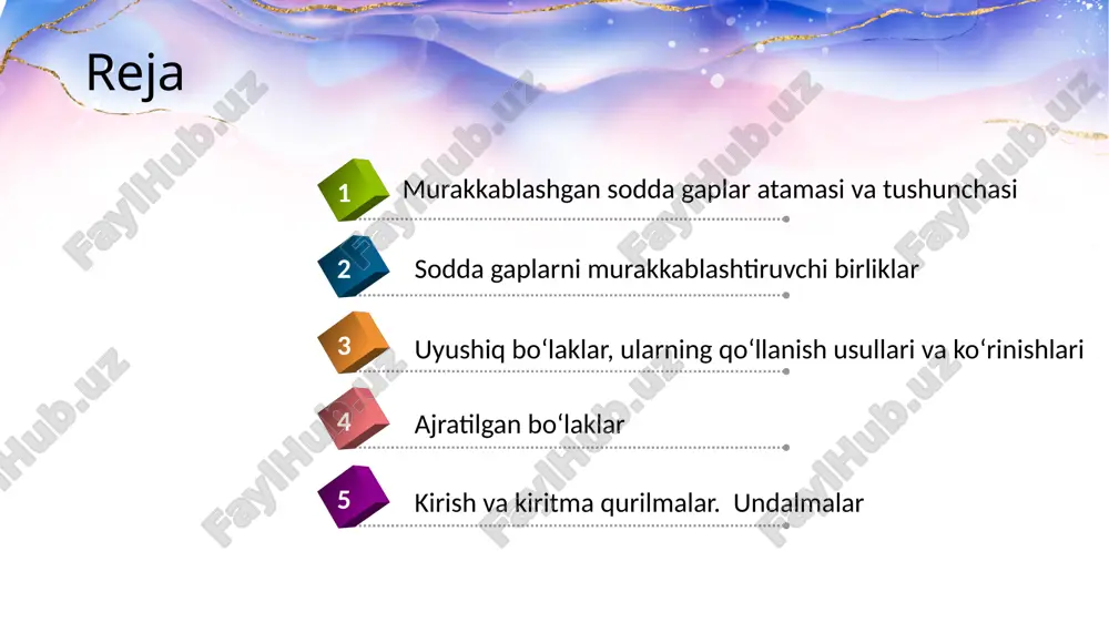an: ona yurtimning — o‘zbekistonning istiqboli buyukdir («o‘zbekiston ovozi») lekin katta mazmuniy o‘zgarish ro‘y beradi. ikki voqelik, ikki propozitsiya ifodalanadi. anglashiladiki, gap tarkibida an’anaviy sintaktik aloqaga kirishmaydigan sintaktik shakllar ishtirok etsa, ular ham shakliy, ham mazmuniy tomondan murakkablashadi. murakkablashgan gaplarning sodda va qo‘shma gaplardan farqli o‘ziga xos xususiyatlari bor: murakkablashgan gaplar orqali birgina maqsad ifodalanmay, murakkab fikr o‘z ifodasini topadi. 01 murakkablashgan gapni tashkil etgan bo‘laklar gapning umumiy mazmuni bilan izohlash munosabatida bo‘ladi. 02 murakkablashgan gapda ikki xil predikativ birlik, hukm bo‘ladi. bu predikativ birlikning biri asosiy bo‘lib, ikkinchisi to‘liq bo‘lmagan hukmdir. asosiy hukm gapning umumiy mazmunidan anglashilsa, to‘liq bo‘lmagan hukm gapning uyushiq, ajratilgan bo‘laklari, undalma va kirish bo‘laklar orqali ifodalanadi. 03 murakkablashgan gapni tashkil etgan bo‘laklar asosiy gapning umumiy mazmuni bilan munosabatga kirishadi 04 murakkablashgan gaplarning sodda va qo‘shma gaplardan farqli o‘ziga xos xususiyatlari bor: murakkablashgan gapni tashkil qiluvchi bo‘laklar o‘ziga xos intonatsiya bilan talaffuz etiladi. bu intonatsiya boshqa …