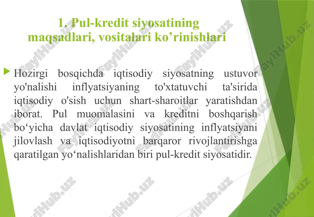 sining muvozanati monetar siyosatning turlari qattiq monetar siyosat – pul massasini ma’lum bir darajada ushlab turish yumshoq monetar siyosat – foiz stavkasini ma’lum bir darajada ushlab turish 2. banklar va ularning bozor iqtisodiyotidagi vazifalari kredit moliya-tizimining barqarorligini ta’minlash, uning alohida bo’g’inlarining birinchi navbatda tijorat banklari faoliyatini barqarorligini ta’minlash mamlakat markaziy bankning asosiy vazifasi hisoblanadi. markaziy bankning yana bir asosiy vazifalaridan kredit organlari (tizimini) faoliyatini tartibga solish va umumlashtirishdan iboratdir. o‘bekiston respublikasining 2019-yil 11-oktabrda qabul qilingan o‘rq-580-sonli “o‘zbekiston respublikasining markaziy banki to‘g‘risida”gi qonuniga ko’ra markaziy bank pul-kredit siyosatini, shu jumladan valyuta siyosatini ishlab chiqadi va amalga oshiradi. ushbu qonunda quyidagi asosiy tushunchalar qo‘llaniladi: bank — bank hisobvaraqlarini ochish va yuritish, to‘lovlarni amalga oshirish, omonatlarga (depozitlarga) pul mablag‘larini jalb etish, o‘z nomidan kreditlar berish bo‘yicha bank faoliyati sifatida aniqlangan operatsiyalar majmuini amalga oshiruvchi tijorat tashkiloti bo‘lgan yuridik shaxs; bank hisobvarag‘i — bank tomonidan shartnomaga muvofiq mijozga ochilgan hisobvaraq bo‘lib, unga ko‘ra bank …
