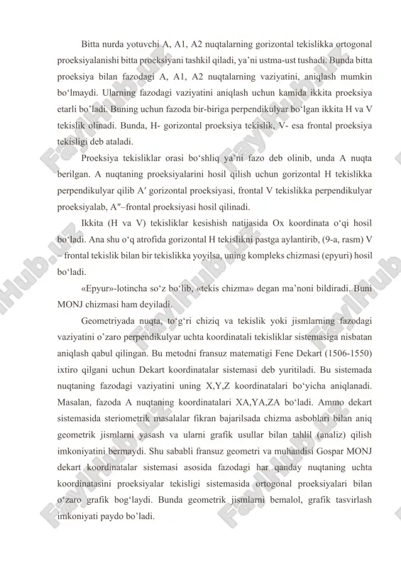 muhandisi gospar monj dekart koordinatalar sistemasi asosida fazodagi har qanday nuqtaning uchta koordinatasini proeksiyalar tekisligi sistemasida ortogonal proeksiyalari bilan o‘zaro grafik bog‘laydi. bunda geometrik jismlarni bemalol, grafik tasvirlash imkoniyati paydo bo’ladi. ayrim xollarda jismning tuliq tasvirlash uchun ikkita proeksiyasi etarli bulmaydi. shuning uchun uchinchi tekislik zarur bo’ladi. endi berilgan h va v tekisliklarga perpendikulyar qilib uchinchi w - profil proeksiya tekisligi kiritiladi. a nuqtani unga perpendikulyar qilib proeksiyalansa, a nuqta ya’ni a nuqtaning uchinchi, profil proeksiyasi hosil bo‘ladi. uning kompleks chizmasi ko‘rsatilgan. uchala o’zaro perpendikulyar (h, v, w) tekisliklarni kesishib fazoni «oktant» deb ataluvchi sakkiz bo‘lakka bo‘ladi ya’ni profil tekislikdan chap tomonda i,ii,iii,iv va ung tomonda v,vi,vii,viii-oktantlar joylashadi «okto» – lotincha so‘z bo‘lib, “sakkiz” demakdir. bunda h, v, w proeksiya tekisliklar o‘zaro kesishib, uchta nuqlarini koordinata boshi o ni, h, v tekisliklar kesishib ox ni, v, w tekisliklar kesishib oz ni, h, w tekisliklar kesishib, oy koordinata o‘qlarini hosil qiladi. …
