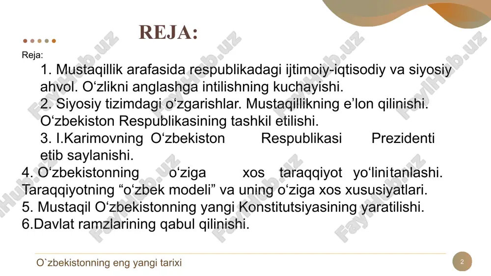 rligida o‘zbekistonda navbatdagi oshkora qatag’onga yo‘l ochildi. «paxta ishi», «o‘zbeklar ishi» deb atalgan mash'um siyosat niqobi ostida minglab insonlar jinoiy javobgarlikka tortildi. 1990-yil 13-iyun kuni moskva shahriga o‘zbekistonda tuzilgan komissiya tomonidan yozilgan xatda komissiya xulosasi batafsil ko’rsatildi. bu xatda «paxta ishlari» chuqur tahlil qilinib sudlanganlarni oqlash masalasi qo‘yilgan edi. biroq yuqoridagi tashkilotlar ko’mak o‘rniga tazyiqni kuchaytirdilar. respublika rahbarining qat'iyatli harakati bilan nohaqlik barham topdi. istoriya uzbekistana 4 5 istoriya uzbekistana 1985-yilning aprel oyida kpss mqning plenumi sovet jamiyatini tubdan qayta qurish, uning barcha sohalarini chuqur isloh qilish yolini e'lon qildi. 1985-1986-yillarda sssrda «mamlakatni ijtimoiy-iqtisodiy rvojlantirishni jadallashtirish» siyosati olib borildi. uning maqsadi - ilm-fan va texnika taraqqiyotidagi yutuqlargan asoslanib ijtimoiy-iqtisodiy hayotni yaxshilash edi. ammo bu siyosatda ilgari surilgan vazifalarni bajarish borasida dastlabki urinishlar jiddiy natija bermadi. 6 6 istoriya uzbekistana 80-yillarning oxirlaridan boshlab sobiq ittifoqqa kirgan ko’pgina respublikalar mustaqilligi uchun qat’iy kurashga o‘tdilar. ittifoq shartnomasini yangilab respublikalar huquqini kengaytirishni talab qila …