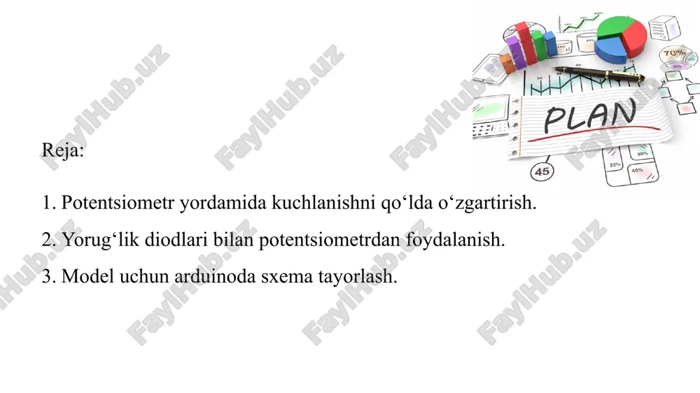 uning qiymati 1023 adp qiymatiga to‘g‘ri keladi. 0v pin bilan adp 0, mos kuchlanishda 1023. qaytish kuchlanishni o‘zgartirish mumkin bo‘lsa -da, 5v kuchlanishdan foydalaniladi. potentsiometr - o‘zgaruvchan kuchlanishni bo‘luvchi element sifatida ham foydalaniladi. potentsiometrlar har xil o‘lcham va shakllarda bo‘ladi, lekin ularning hammasida uchta chiziq bor. potansiometrning qiymati o’zgarishi natjasida kuchlanish qiymati o’zgaradi va natijada kuchlanish 0 dan patensiometrning eng yuqori o’tkazish qiymatigacha o’zgaradi. arduinoga ulangan sakkizta led bir qatorda joylashtirilgan. biz potentsiometr ulangan arduino analogli kirishini o‘qiymiz va uning qiymatini 8 led o‘lchagichida ko‘rsatamiz. agar potansiometrning qarshiligi (birinchi va o‘rta terminal orasidagi) 0 bo‘lsa, u holda ledlar yonmaydi, potansiyometrning maksimal qarshiligida 8 ta led yonadi. modelning arduinoga ulanish sxemasi: arduinoda potensiometr orqali yonuvchi diodlar sonini o‘zgartirish shunday ko‘rinadi: yuklagandan so‘ng, biz potensiometr muruvatini aylantiramiz va led shkalasidagi qiymat o‘zgarishini kuzatamiz. mustaqil ishlash uchun topshiriqlar: 1. ma’ruzaning nazariy materialini o‘rganish. 2. bundan tashqari, ishlatilgan internet -resurslarni o‘rganing. 3. arduinoga potensiometr …