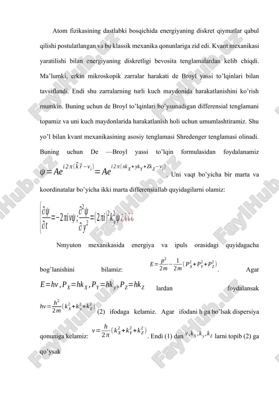 qtga bog’liq shredinger tenglamasidir. erkin zarraning to’lqin formulasi o’rnida unda kompleks qo’shma bo’lgan funksiyasidan foydalanish mumkin. bunda dan quyidagiga kelamiz: (7). biroq -to’lqin funksiyasining o’zi emas, balkim fizik ma’noga ega ekanligidan shredinger tenglamasining (3) va (7) ko’rinishlari bir kuchga ega. endi shredinger tenglamasi echimlarining fizik ma’nosiga kelsak, -to’lqin funksiya va uning hosilasi hamma joyda uzluksiz va bir qiymatli bo’lishi kerak. keyin (bunda hajm) ehtimollikni bildirgani uchun, ya’ni -to’lqin funksiyaga ega bo’lgan zarrachani hajmda topish ehtimoli ekanligidan shu -funksiyani normallashtirishzarurligi kelib chiqadi, ya’ni . shredinger tenglamasining tadbiqi sifatida zarrachaning 1 va 2 sohadagi harakatini qarab chiqamiz . bu sohalarda zarra potensial energiyasi o’zgarmas va bir —biridan farq qiladi. zarra holatini o’qi bo’ylab olsak bo’ladi. unda shredinger tenglamasi ko’rinishga keladi. bu sohalarda potensial energiya quyidagicha aniqlanadi: shredinger tenglamasini 1 va 2 sohalar uchun alohida yechib va yechimlarni topamiz. — funksiya butun sohada uzluksiz bo’lishligi sababli potensial sakrash sodir bo’ladigan sohalar chegarasida va …
