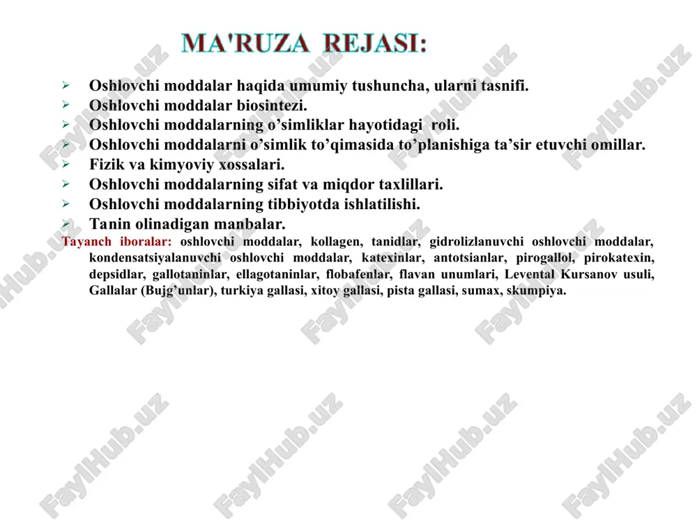 ar polifenollardir. gidroksil (oh) lar kamida ikkita (pirokatexin) yoki uchta (pirogallol) bo’ladi. tanidlarni ishqorlar ishtirokida 180 - 2000 c gacha qizdirilsa pirokatexin yoki pirogallol ajralib chiqadi, shuning uchun tanidlar 2 sinfga bo’linadi: tasnifi i. g.prokter bo’yicha (1894) oshlovchi moddalar turlari 180-200°s-gacha qizdirilsa temir tuzlari eritmalari bilan hosil qilgan cho’kmalari pirogallol guruhi pirogallol ajraladi qora-ko’k pirokatexin guruhi pirokatexin ajraladi qora-yashil tasnifi ii. k. freydenberg bo’yicha (1920): 1. gidrolizlanuvchi 2. kondensatsiyalanuvchi gidrolizlanuvchi tanidlar – piragallol unumlari bo’lib, ular molekulasida efirga xos bog’lanishi bor. bular quyidagilar: 1) depsidlar – aromatik oksikarbonkislotalarini murakkab efirlari (fenolkarbon kislota); gallat kislota gallat kislota depsidi 2) gallotaninlar - asosan galla kislotaning uglevodlar bilan bergan murakkab efirlari bo’lib, ular gidrolizlanganda gallat kislota va geksozalarga ajraladi. 3) ellagotaninlar - o’zidan ellag kislotani ajratadigan oshlovchi moddalar. gidrolizlanganda geksaoksidifen kislota, so’ng uning laktonizasiya natijasida ellag kislota hosil bo’ladi. geksaoksidifen kislota ellag kislota kondensatsiyalanuvchi tanidlar - bular difenil tipida birlashadi, kuchli mineral kislotalar …